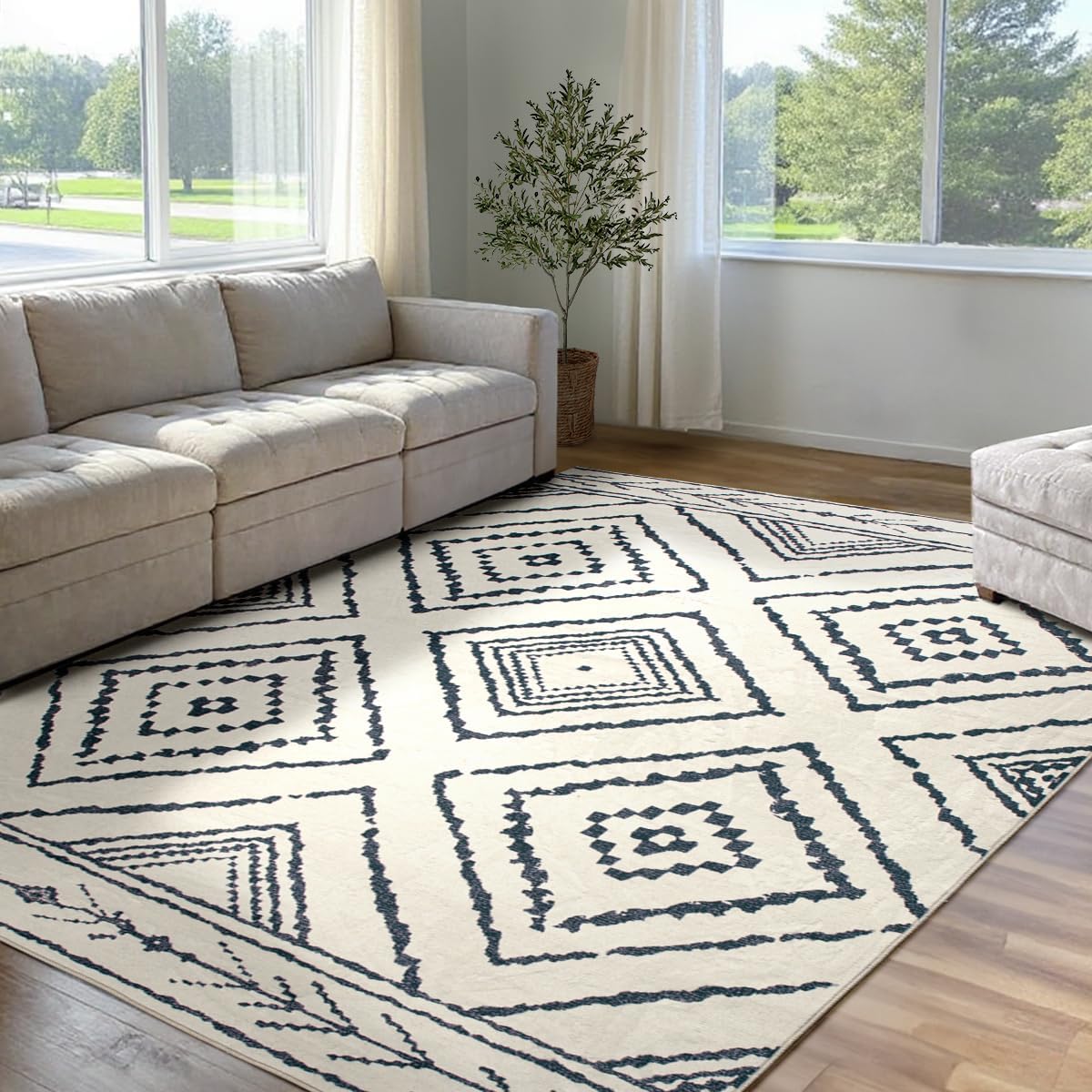 Area Rug 8x10 Rug Machine Washable Non-Slip Low Pile Print Pattern Western Rug for Living Room Bedroom Entryway Tribal Series -Cream/Camel