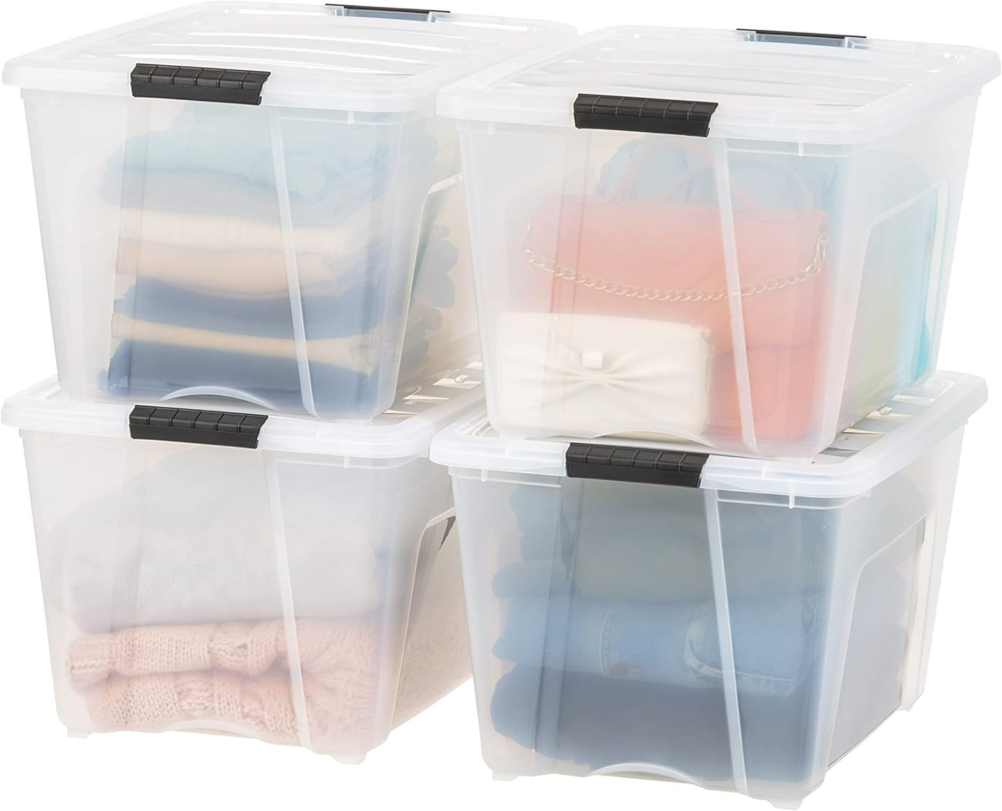 IRIS USA 13 Qt Stackable Plastic Storage Bins with Lids, 6 Pack - BPA-Free, Made in USA - Discreet Organizing Solution, Latches, Durable Nestable Containers, Secure Pull Handle - Pearl