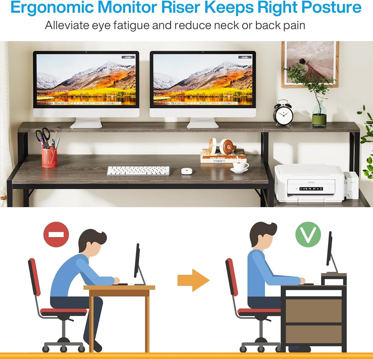 Tribesigns 63 Inch Computer Desk with File Drawer Cabinet, Ergonomic Office Desk with Monitor Stand, Industrial Computer Table with Printer Space, Wood PC Table Workstation Desk for Home Office