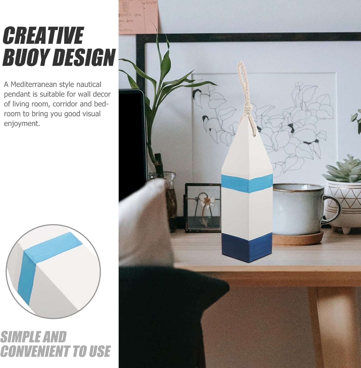 DECHOUS 4Pcs Wooden Buoy Decor: Decorative Buoys with Rope Nautical Wall Hanging Decor - Blue White Mediterranean Ornament for Coastal Home Living Room Bathroom - 10 Inch