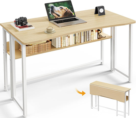 Huuger Folding Desk with Storage Shelf, 39.3 Inch Foldable Computer Table for Small Spaces, Space Saving Sofa Table for Couch, Writing Work Office Computer Desk, Easy to Fold, Oak