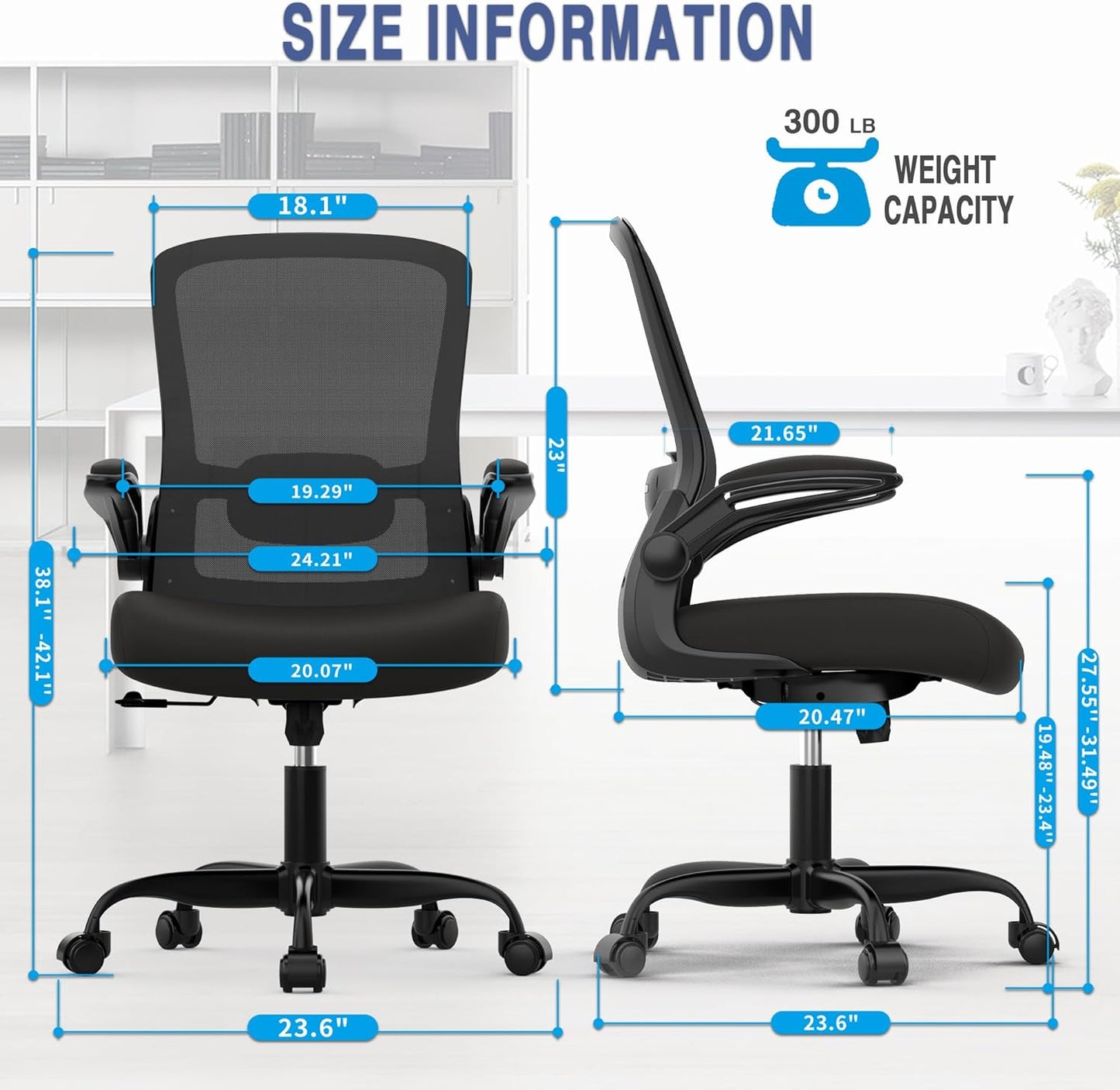 Mimoglad Ergonomic Office Chair - BIFMA Certified, Flip-up Armrests & 135° Recline, Adjustable Lumbar Support - Space-Saving Task Chair for Business/Team Office & Home (Black, 300lbs)