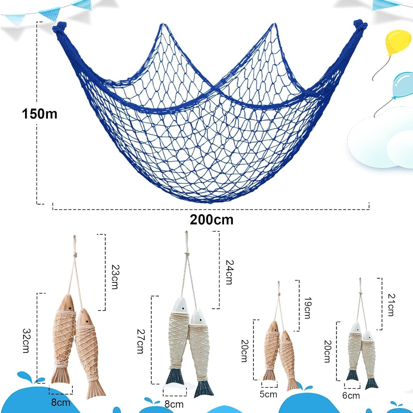 8 Pack Hand Carved Antique Wood Fish Sculpture Decor Ornament with Fishnet, Wooden Nautical Beach Theme Wall Art Hanging Fishing Net Decorations for DIY Party, Lake House, Bathroom Bedroom Blue