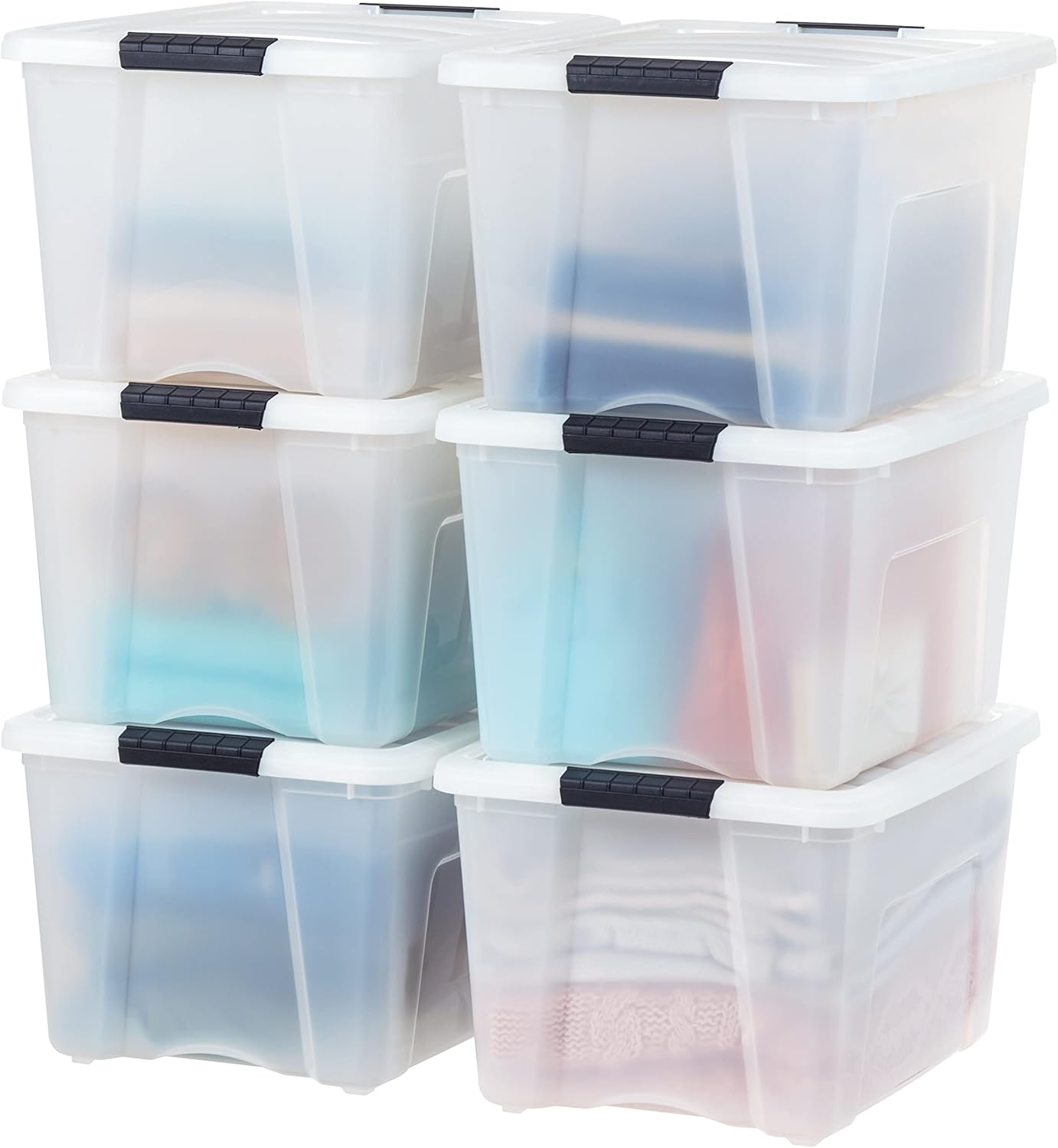 IRIS USA 72 Qt Stackable Plastic Storage Bins with Lids, 4 Pack - BPA-Free, Made in USA - See-Through Organizing Solution, Latches, Durable Nestable Containers, Secure Pull Handle - Clear