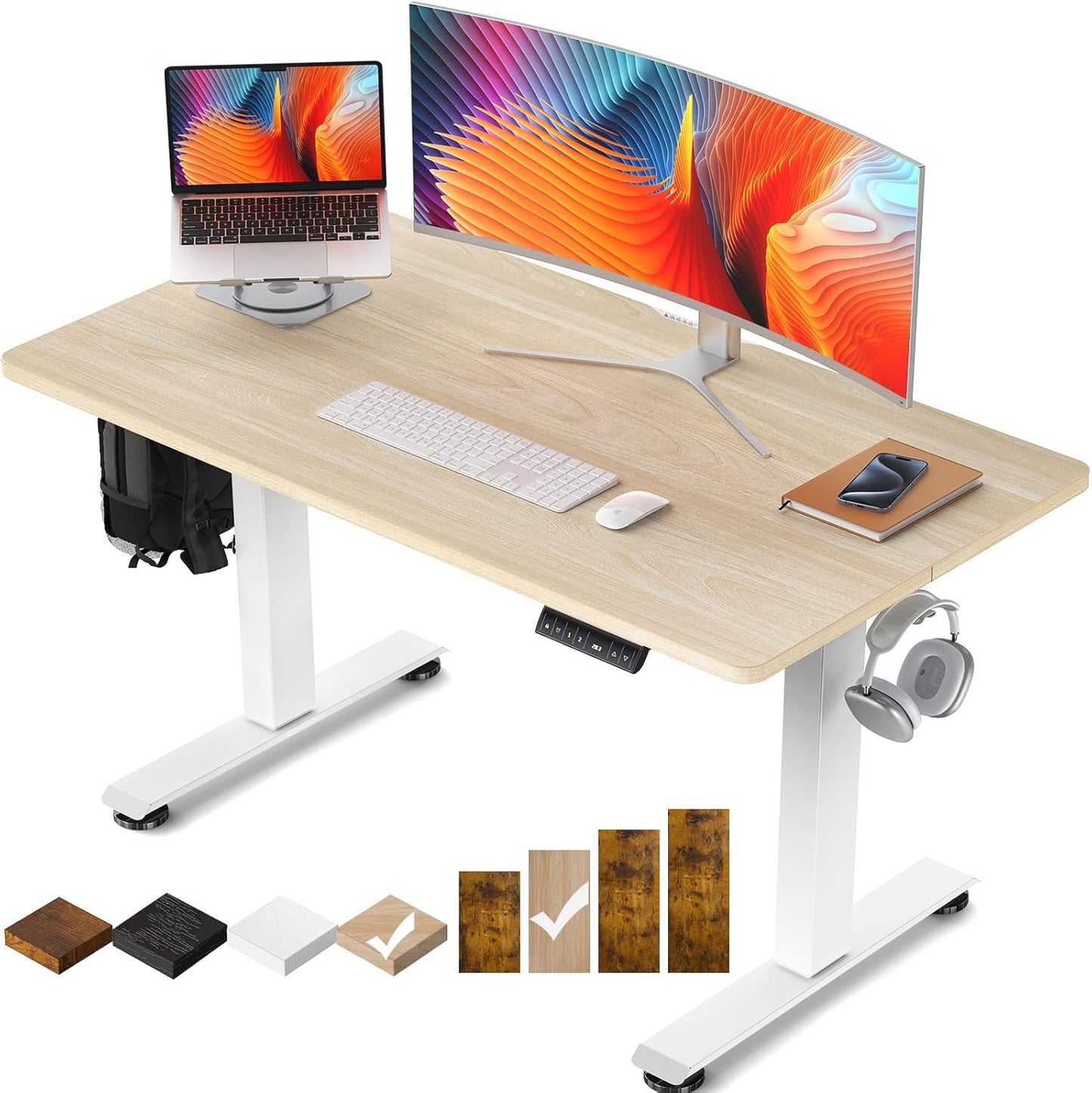 Veken 47.2" Standing Desk Electric, Height Adjustable Sit Stand Up, Wood Desktop, Work Home Office, Computer PC Table, Writing or Gaming Rising Desks, Brown