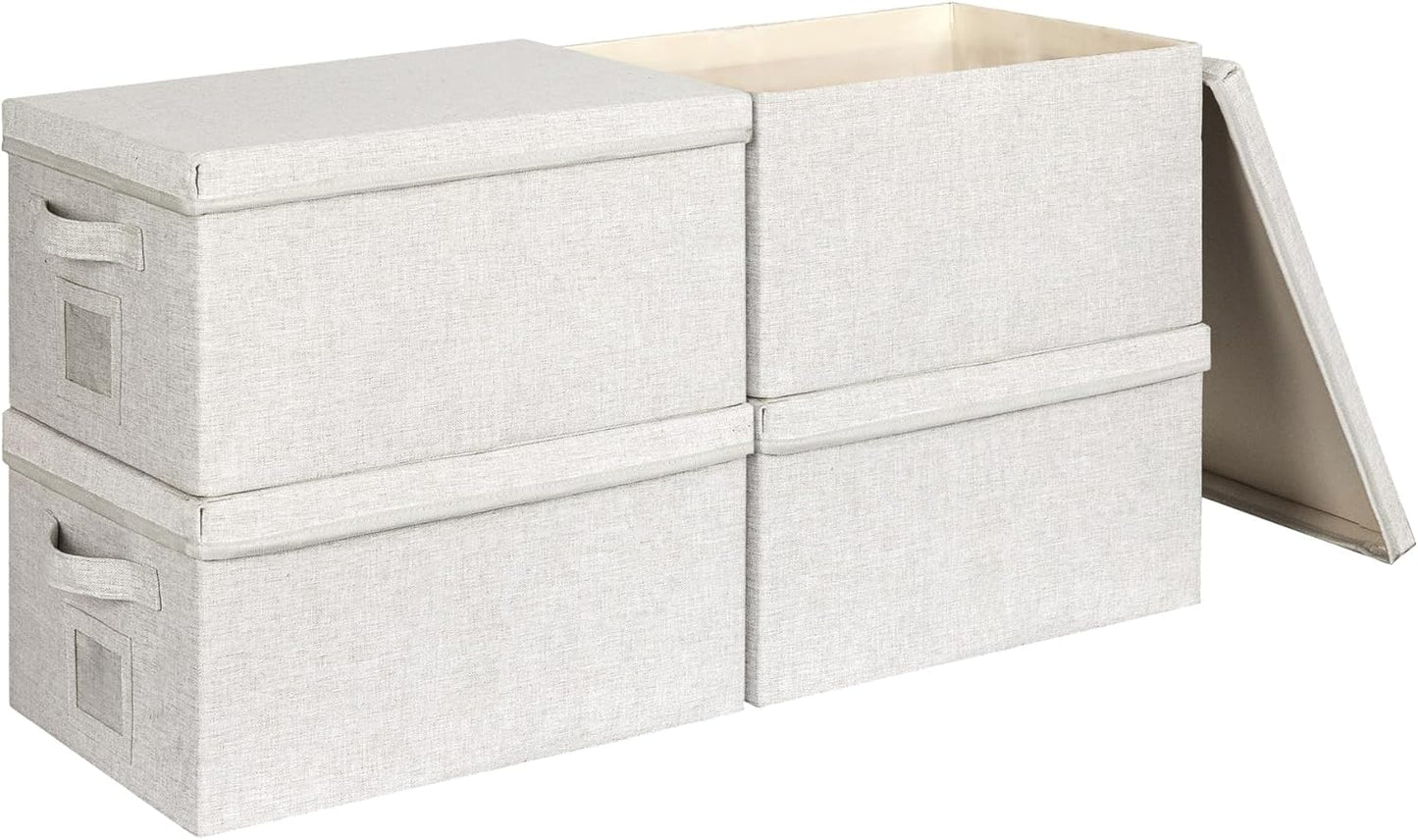 Large 17" 36 Quart Collapsible Stackable Storage Bins with Lids, 3 Packs Beige Linen Fabric Closet Boxes with Lids, Storage Cube Baskets Container Organizers for Bedroom Office(17 x12 x11)