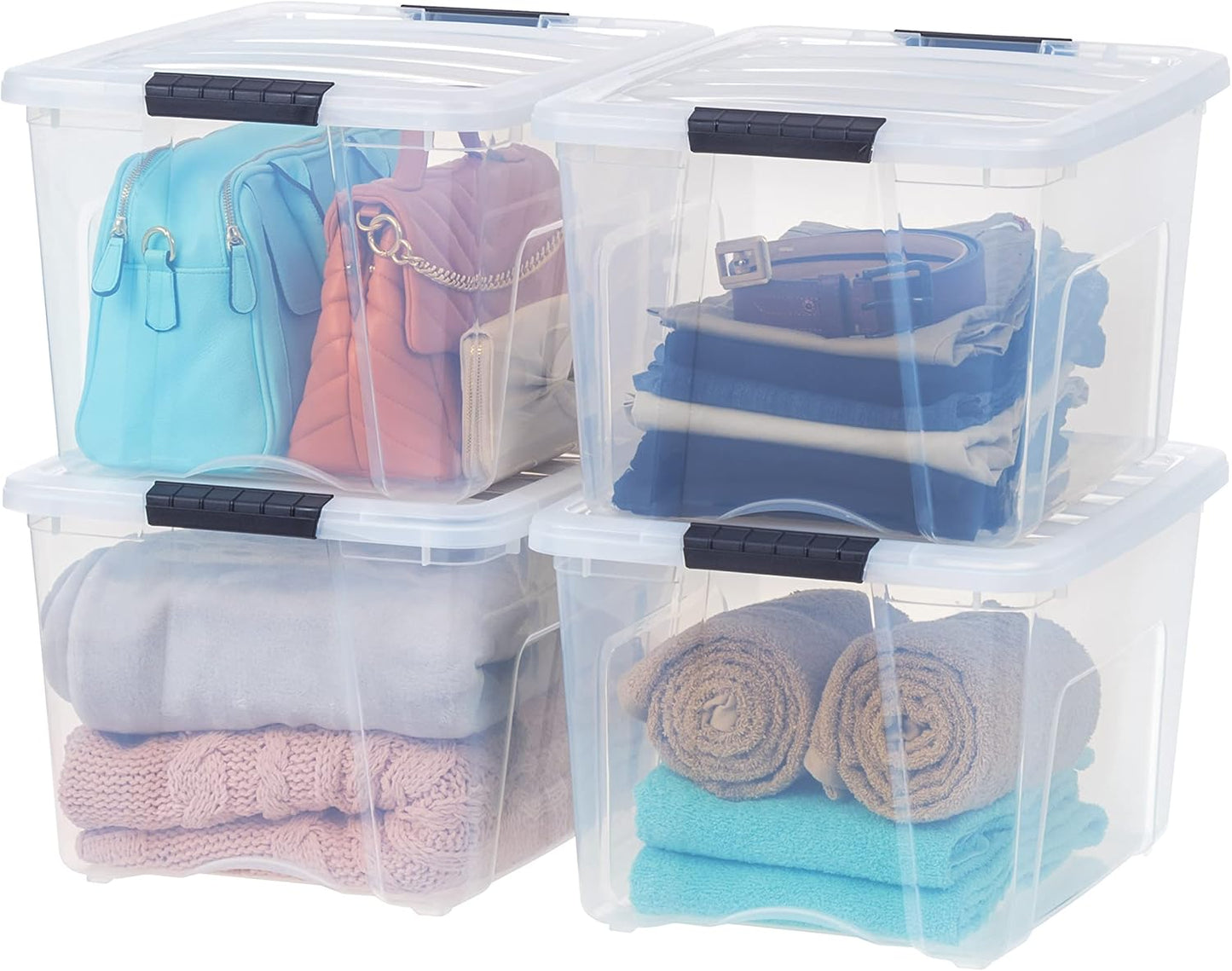 IRIS USA 72 Qt Stackable Plastic Storage Bins with Lids, 4 Pack - BPA-Free, Made in USA - See-Through Organizing Solution, Latches, Durable Nestable Containers, Secure Pull Handle - Clear