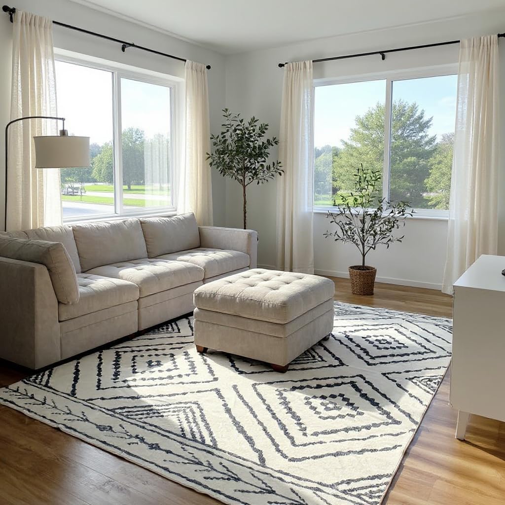 Area Rug 8x10 Rug Machine Washable Non-Slip Low Pile Print Pattern Western Rug for Living Room Bedroom Entryway Tribal Series -Cream/Camel