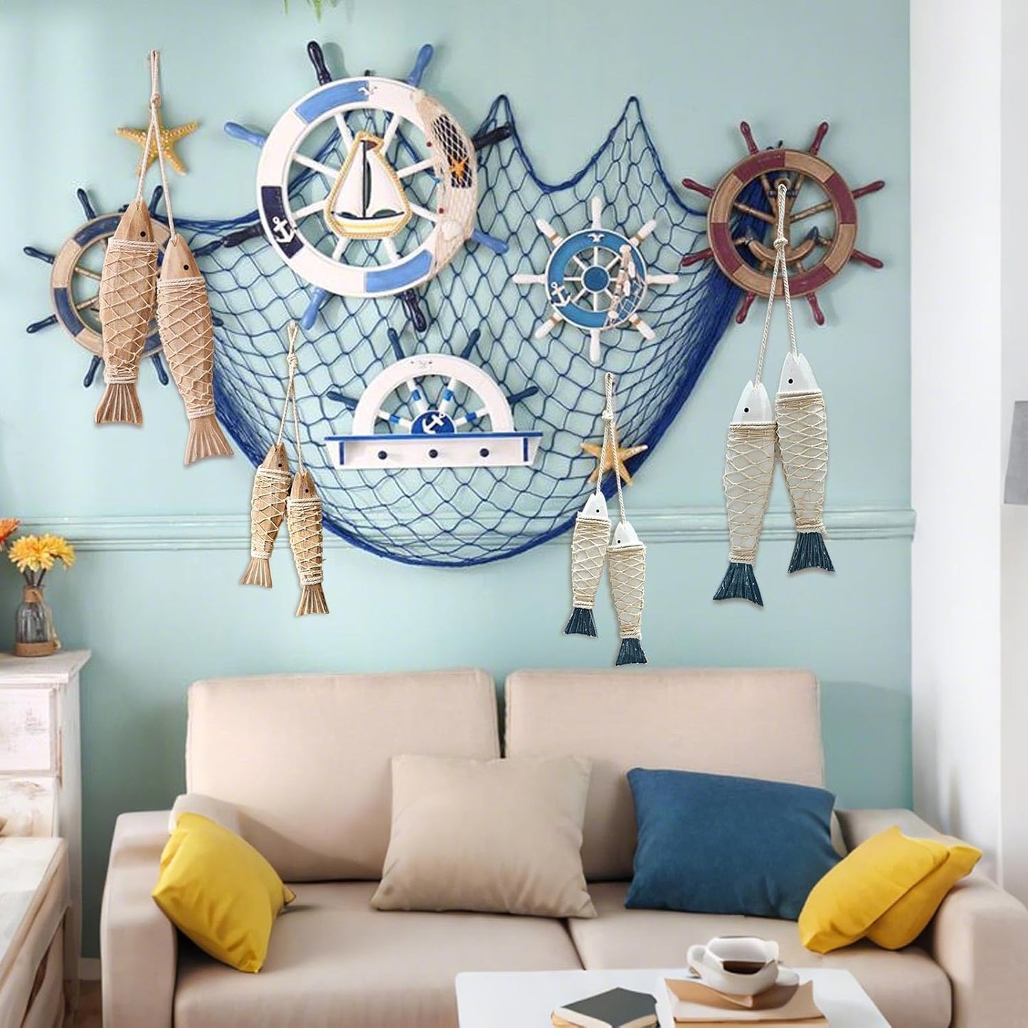 8 Pack Hand Carved Antique Wood Fish Sculpture Decor Ornament with Fishnet, Wooden Nautical Beach Theme Wall Art Hanging Fishing Net Decorations for DIY Party, Lake House, Bathroom Bedroom Blue
