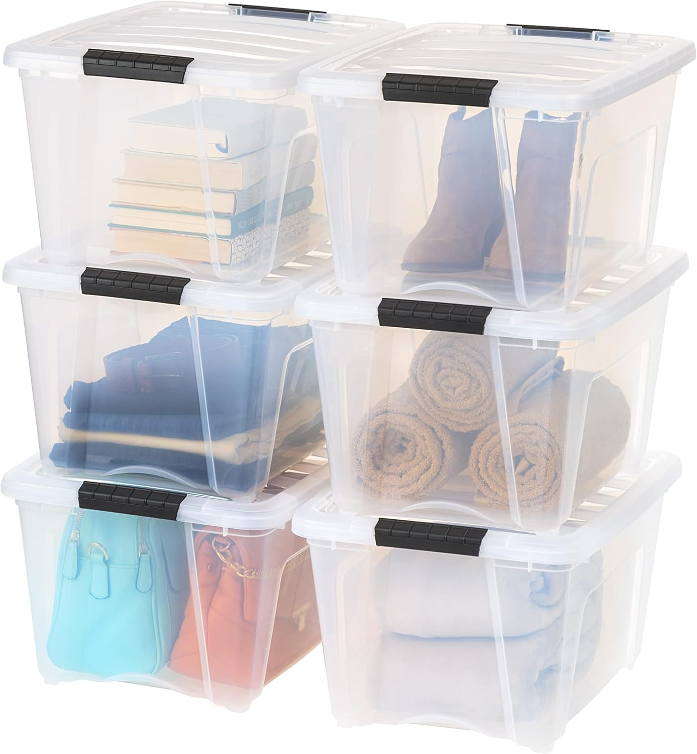 IRIS USA 72 Qt Stackable Plastic Storage Bins with Lids, 4 Pack - BPA-Free, Made in USA - See-Through Organizing Solution, Latches, Durable Nestable Containers, Secure Pull Handle - Clear