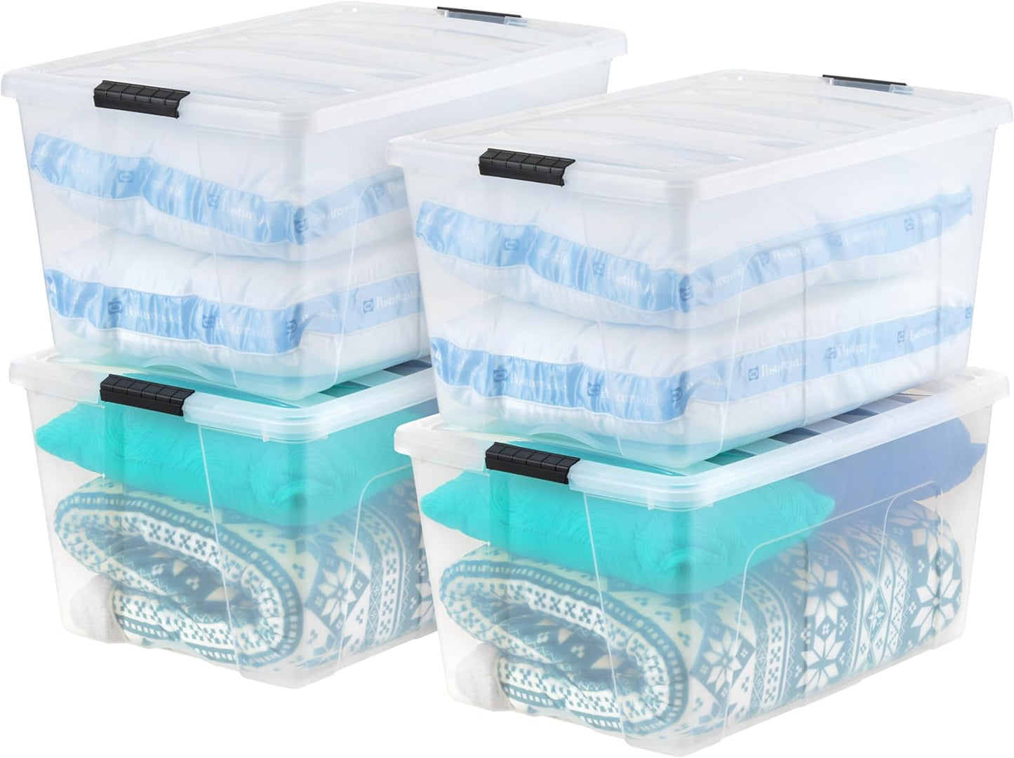 IRIS USA 72 Qt Stackable Plastic Storage Bins with Lids, 4 Pack - BPA-Free, Made in USA - See-Through Organizing Solution, Latches, Durable Nestable Containers, Secure Pull Handle - Clear