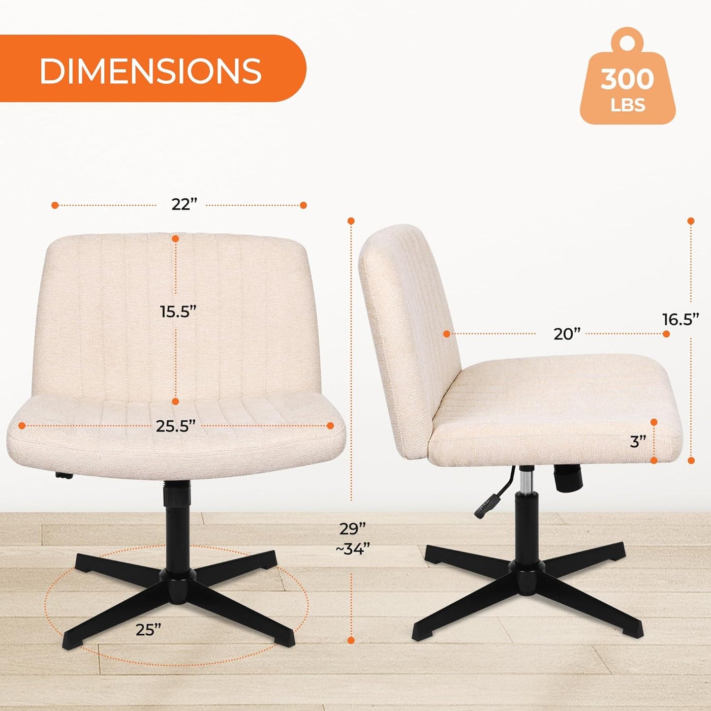 NEO CHAIR Criss Cross Wide Chair Comfy No Wheels Armless Cross Legged Swivel Office Vanity Desk Chair Adjustable Computer Task for Home Office Fabric (Ivory)