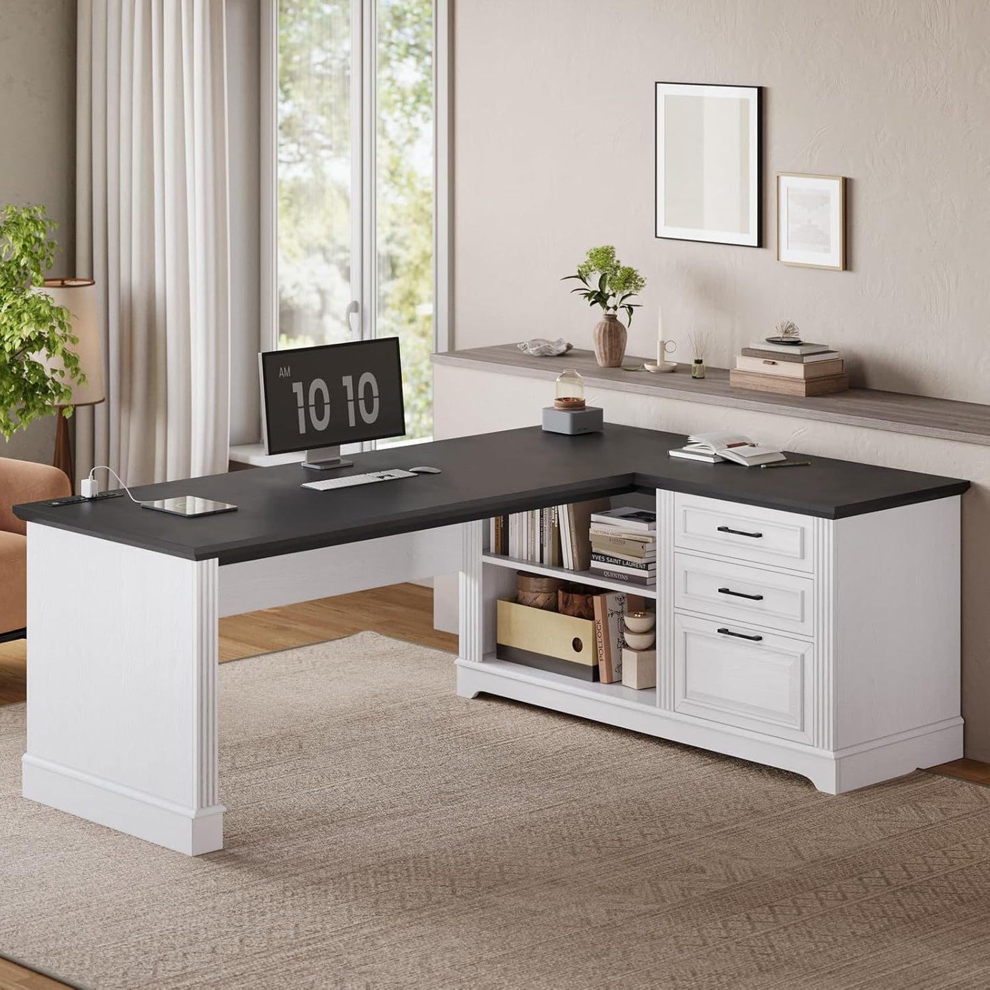 SEDETA Farmhouse 61" Executive L Shaped Desk, Home Office Desk with File Drawers, Computer Desk with Power Outlets and Storage Shelves for Home Office, White