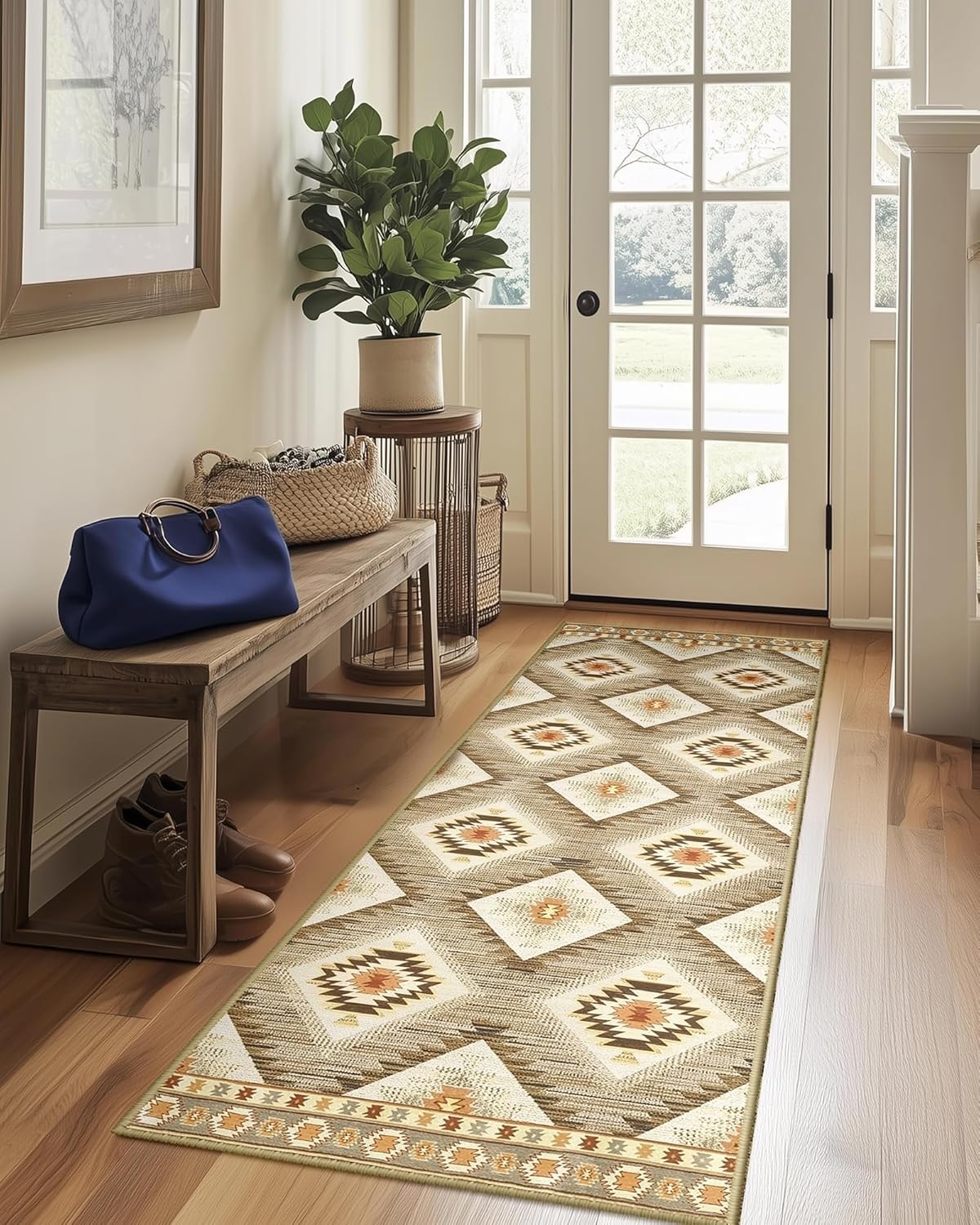 Area Rug 8x10 Rug Machine Washable Non-Slip Low Pile Print Pattern Western Rug for Living Room Bedroom Entryway Tribal Series -Cream/Camel