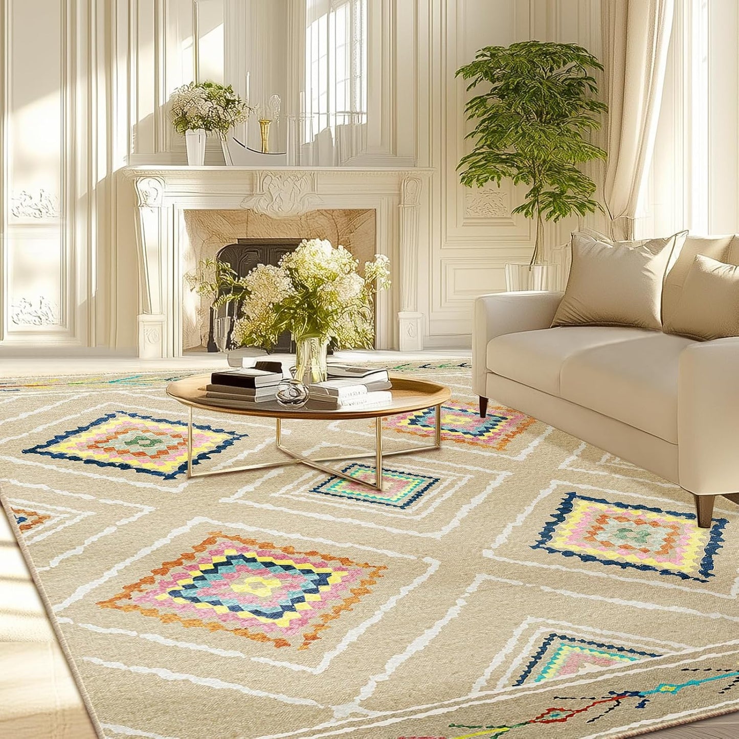 Area Rug 8x10 Rug Machine Washable Non-Slip Low Pile Print Pattern Western Rug for Living Room Bedroom Entryway Tribal Series -Cream/Camel