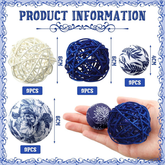 36 Pcs Blue and White Ornaments Chinoiserie Fabric Ball Decoration for Centerpiece Bowls 2. 4 Inch Wicker Rattan Balls 1. 57 Inch Decor Spheres Xmas Party Vases Home Table Decor(Classic)