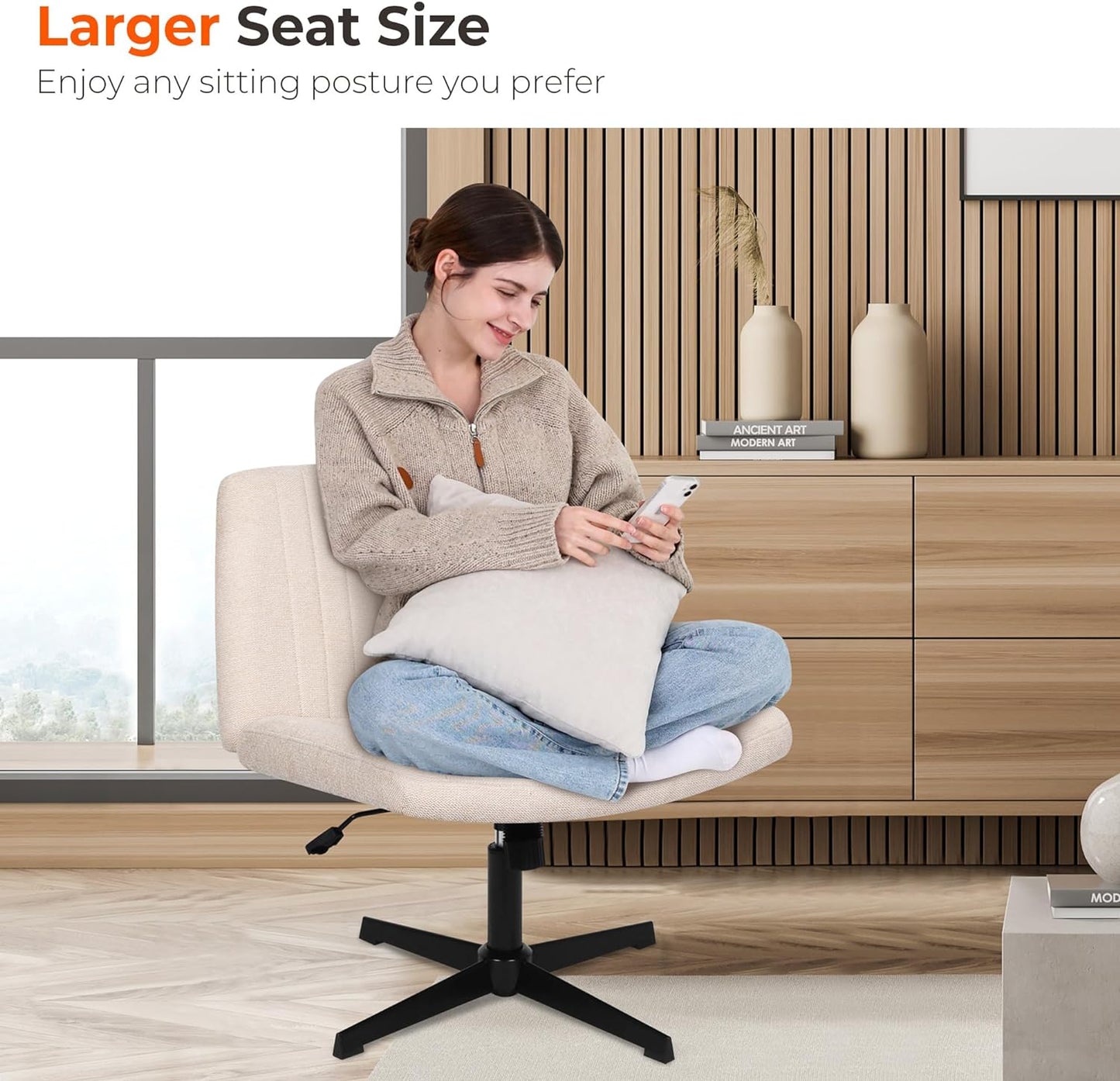 NEO CHAIR Criss Cross Wide Chair Comfy No Wheels Armless Cross Legged Swivel Office Vanity Desk Chair Adjustable Computer Task for Home Office Fabric (Ivory)
