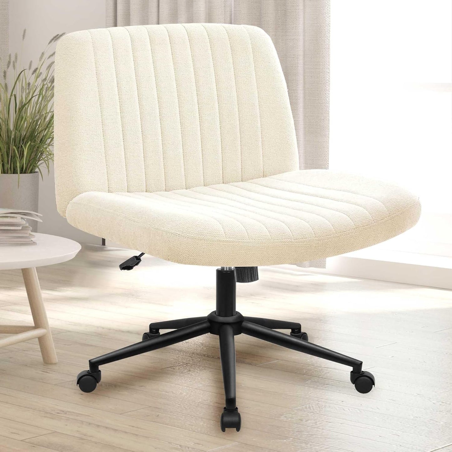 NEO CHAIR Criss Cross Wide Chair Comfy No Wheels Armless Cross Legged Swivel Office Vanity Desk Chair Adjustable Computer Task for Home Office Fabric (Ivory)