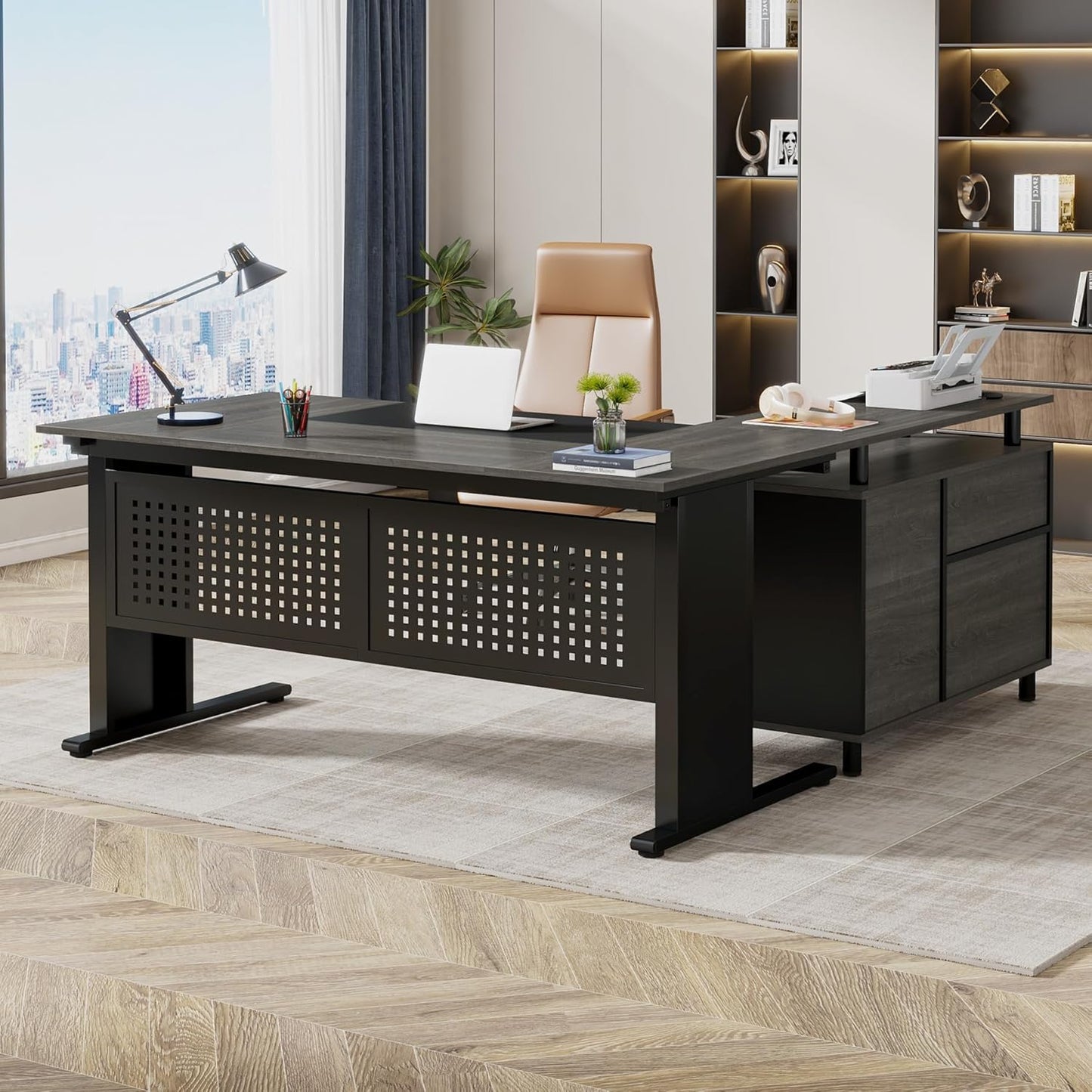 Tribesigns 63 Inch Executive Desk with File Cabinet, Large Office Desk L Shaped Computer Desk with Drawers and Storage Shelves, Business Furniture Desk Workstation for Home Office, Brown and Black