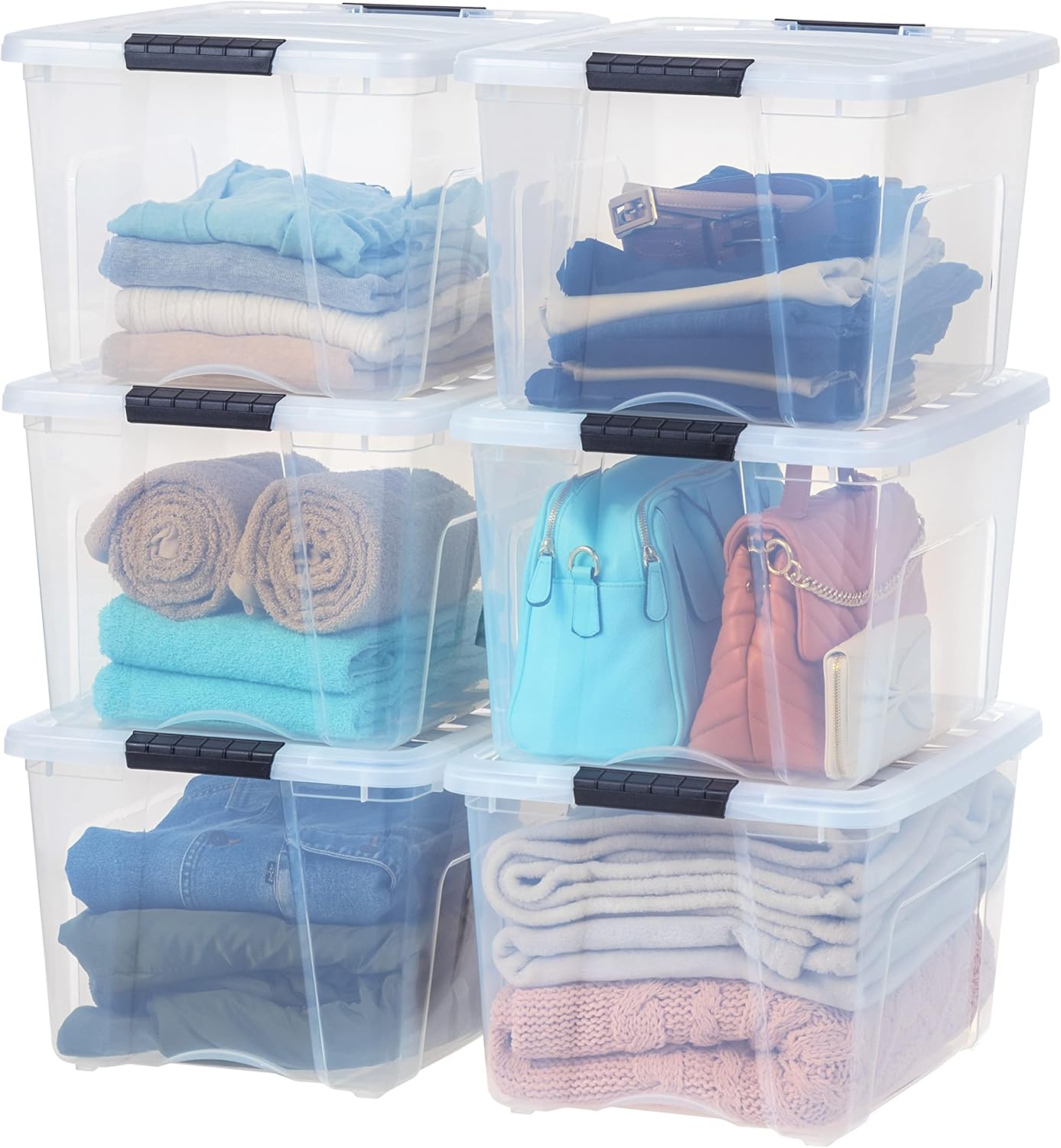 IRIS USA 72 Qt Stackable Plastic Storage Bins with Lids, 4 Pack - BPA-Free, Made in USA - See-Through Organizing Solution, Latches, Durable Nestable Containers, Secure Pull Handle - Clear