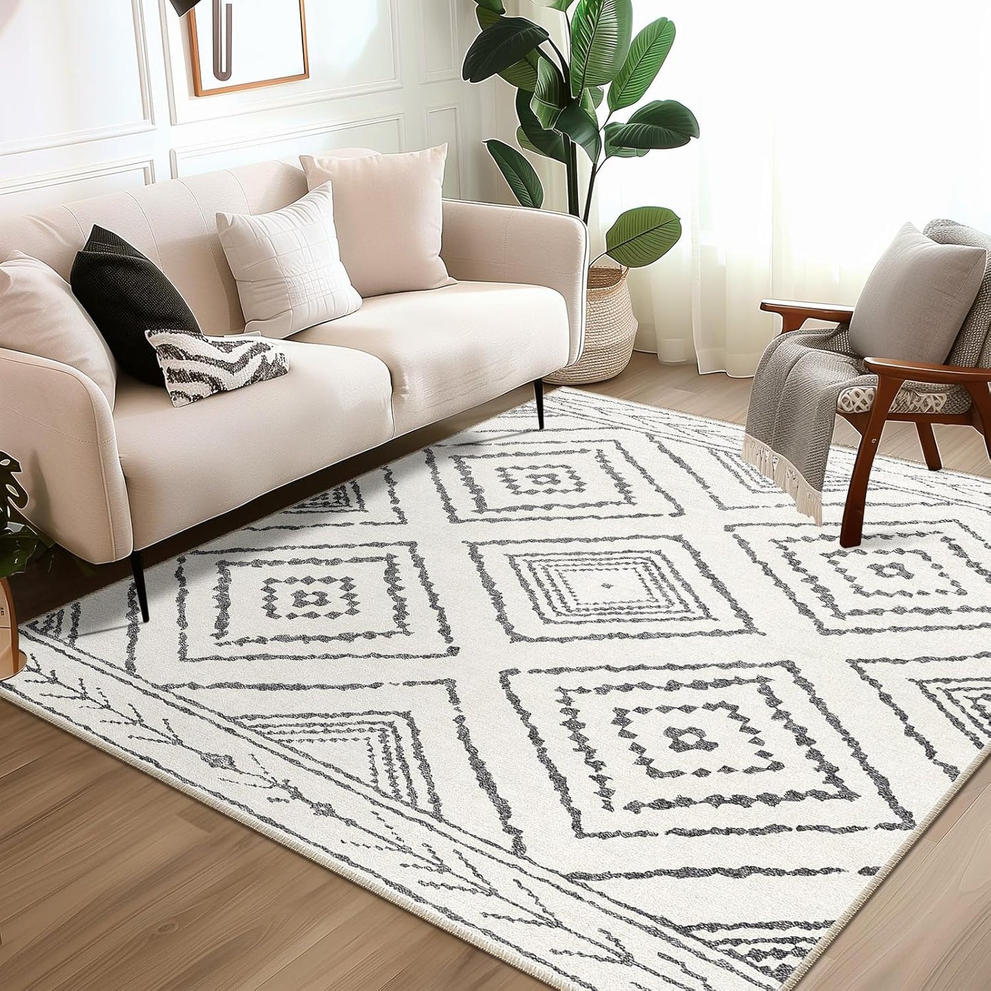 Area Rug 8x10 Rug Machine Washable Non-Slip Low Pile Print Pattern Western Rug for Living Room Bedroom Entryway Tribal Series -Cream/Camel