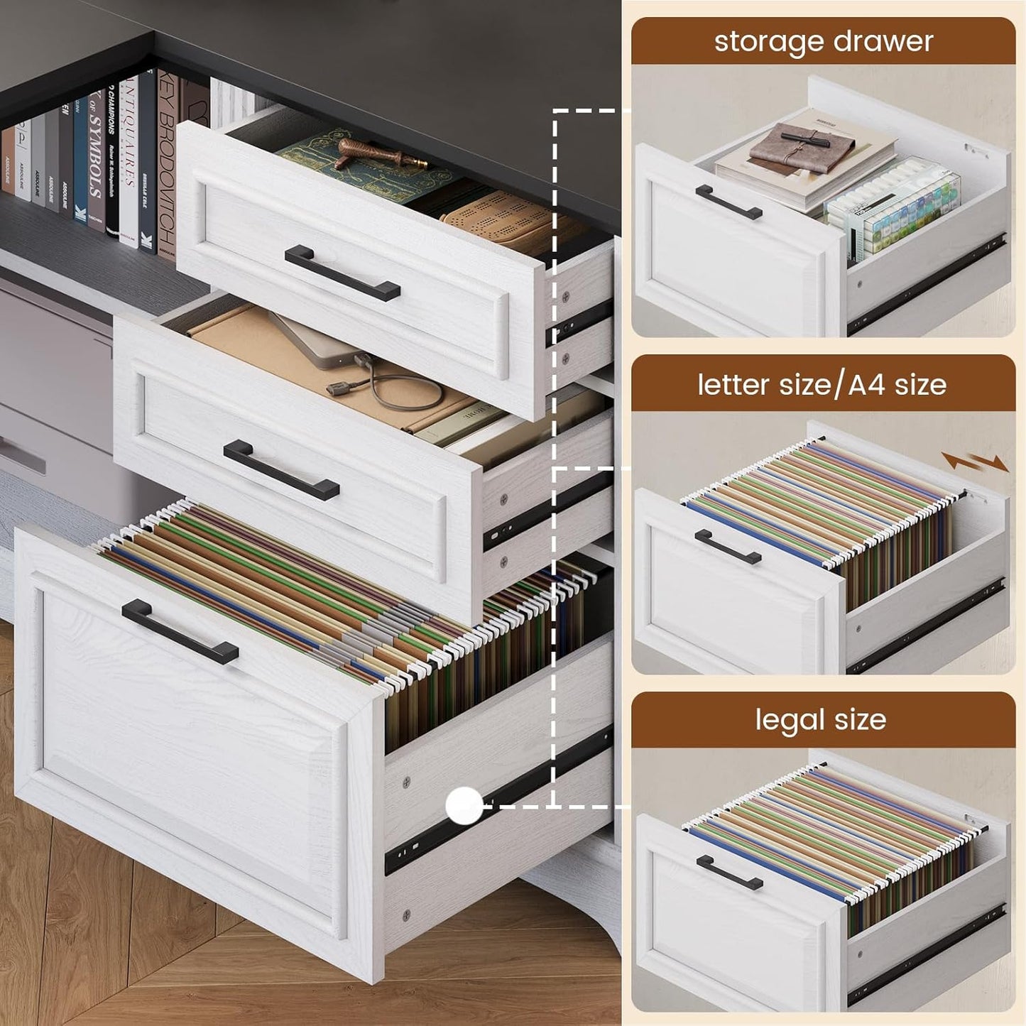 SEDETA Farmhouse 61" Executive L Shaped Desk, Home Office Desk with File Drawers, Computer Desk with Power Outlets and Storage Shelves for Home Office, White