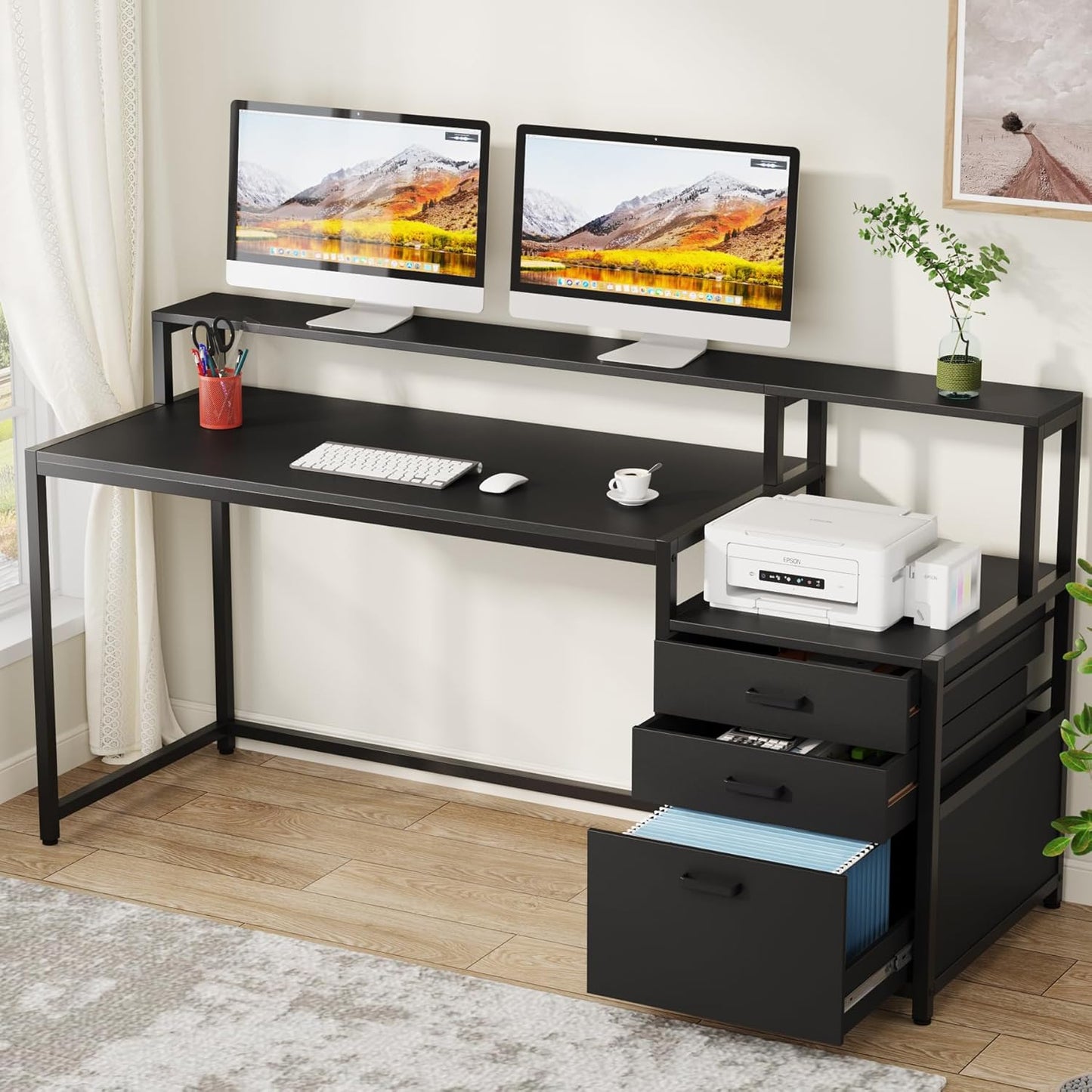 Tribesigns 63 Inch Computer Desk with File Drawer Cabinet, Ergonomic Office Desk with Monitor Stand, Industrial Computer Table with Printer Space, Wood PC Table Workstation Desk for Home Office