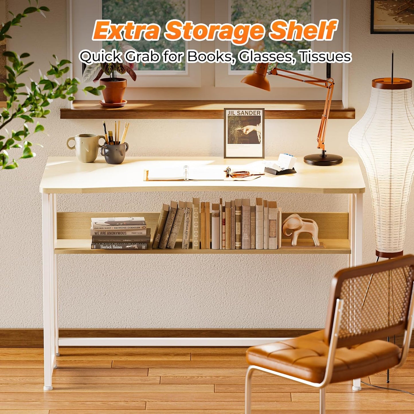 Huuger Folding Desk with Storage Shelf, 39.3 Inch Foldable Computer Table for Small Spaces, Space Saving Sofa Table for Couch, Writing Work Office Computer Desk, Easy to Fold, Oak