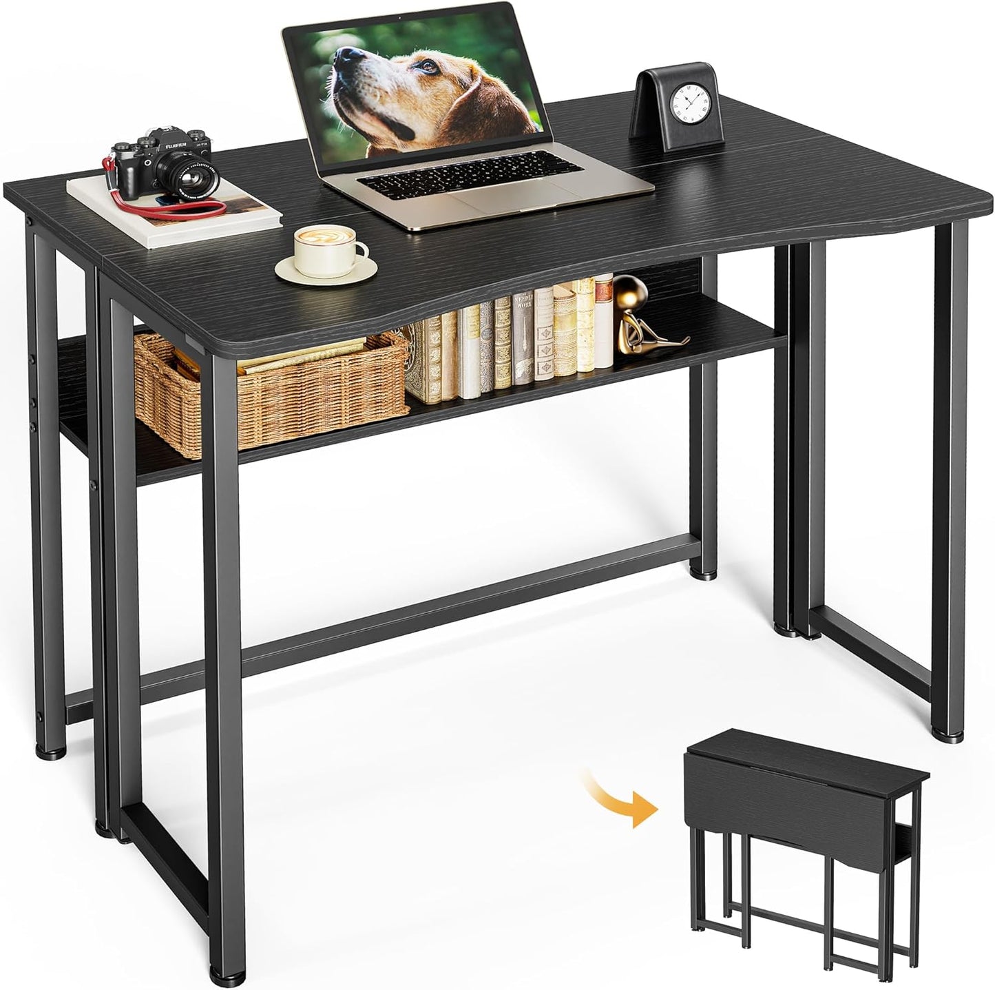 Huuger Folding Desk with Storage Shelf, 39.3 Inch Foldable Computer Table for Small Spaces, Space Saving Sofa Table for Couch, Writing Work Office Computer Desk, Easy to Fold, Oak