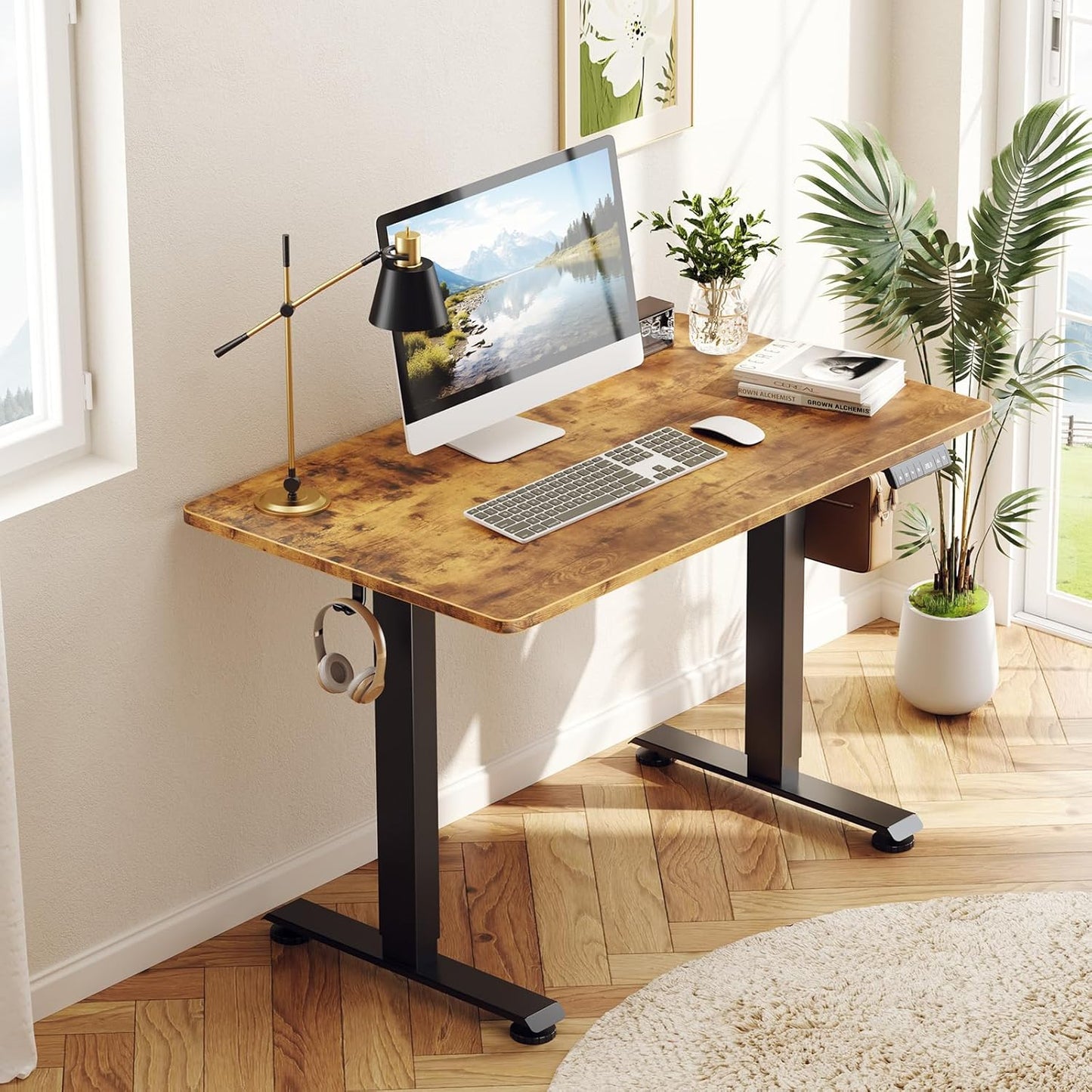 Veken 47.2" Standing Desk Electric, Height Adjustable Sit Stand Up, Wood Desktop, Work Home Office, Computer PC Table, Writing or Gaming Rising Desks, Brown