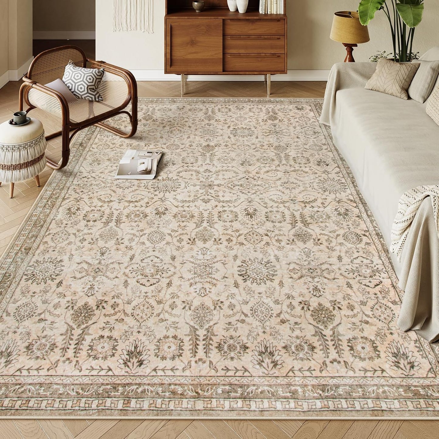 Lahome Green 8x10 Rugs for Living Room, Boho Washable Area Rugs for Bedroom, Rubber Backed Non Slip Floor Carpets for Dining Room Home Apartment, Dark Olive Green