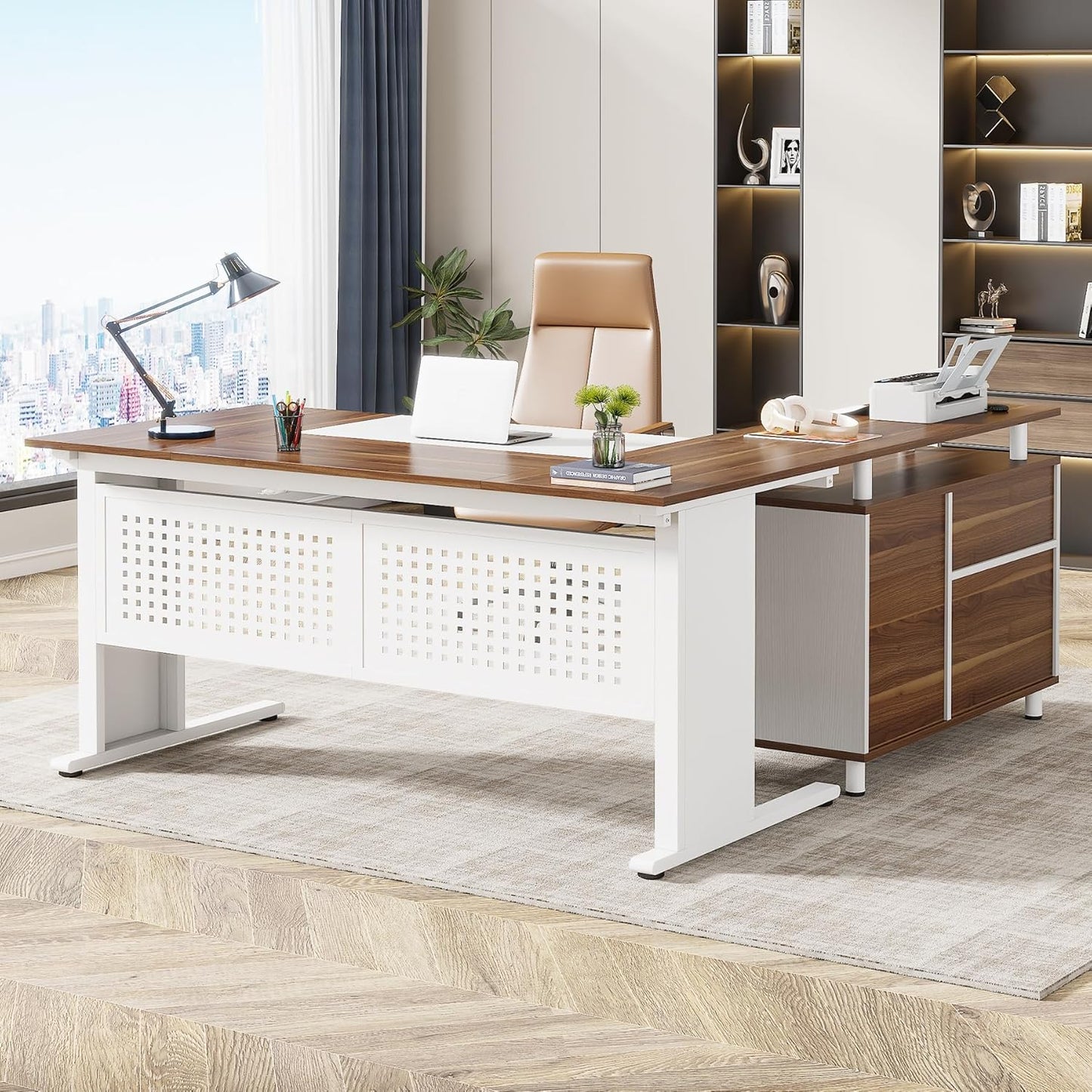 Tribesigns 63 Inch Executive Desk with File Cabinet, Large Office Desk L Shaped Computer Desk with Drawers and Storage Shelves, Business Furniture Desk Workstation for Home Office, Brown and Black