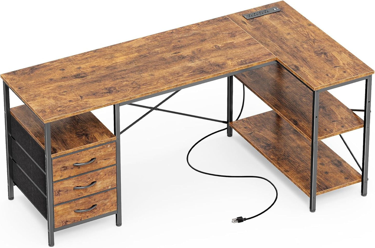 Huuger L Shaped Office Desk with Power Outlets, 47 Inch Computer Desk with 3 Drawers, Shelves, for Gaming, Corner Work, Home Office, Study, Rustic Brown