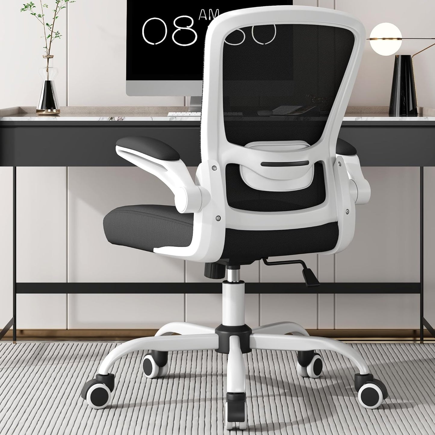 Mimoglad Ergonomic Office Chair - BIFMA Certified, Flip-up Armrests & 135° Recline, Adjustable Lumbar Support - Space-Saving Task Chair for Business/Team Office & Home (Black, 300lbs)