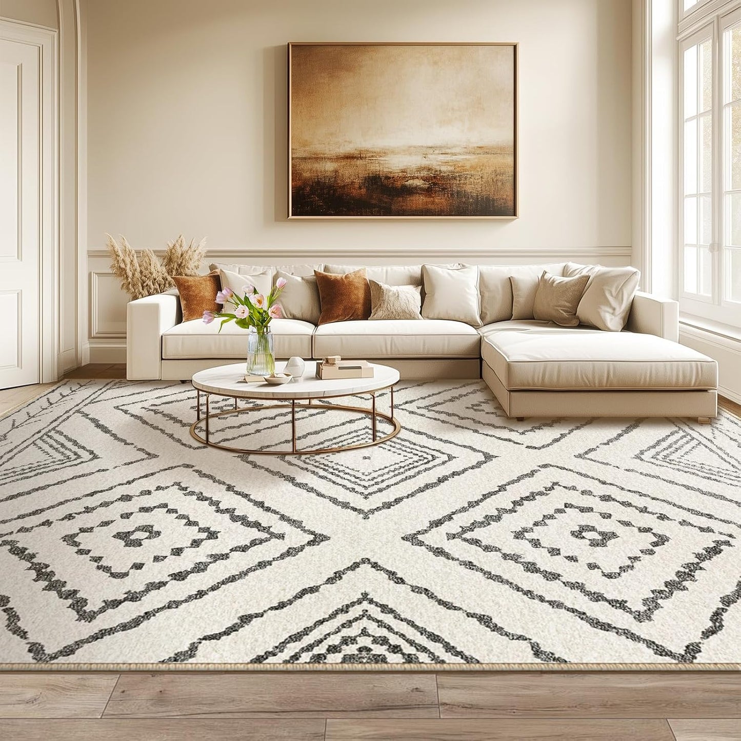 Area Rug 8x10 Rug Machine Washable Non-Slip Low Pile Print Pattern Western Rug for Living Room Bedroom Entryway Tribal Series -Cream/Camel