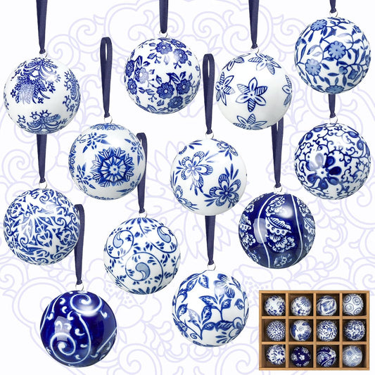 Cindeer 12 Pcs Christmas Porcelain Balls 2.4 Inch Blue and White Porcelain Chinoiserie Ornament Bulk Porcelain Hanging Decorative Ceramic Decor for Home Tree Xmas Party (Elegant Style)