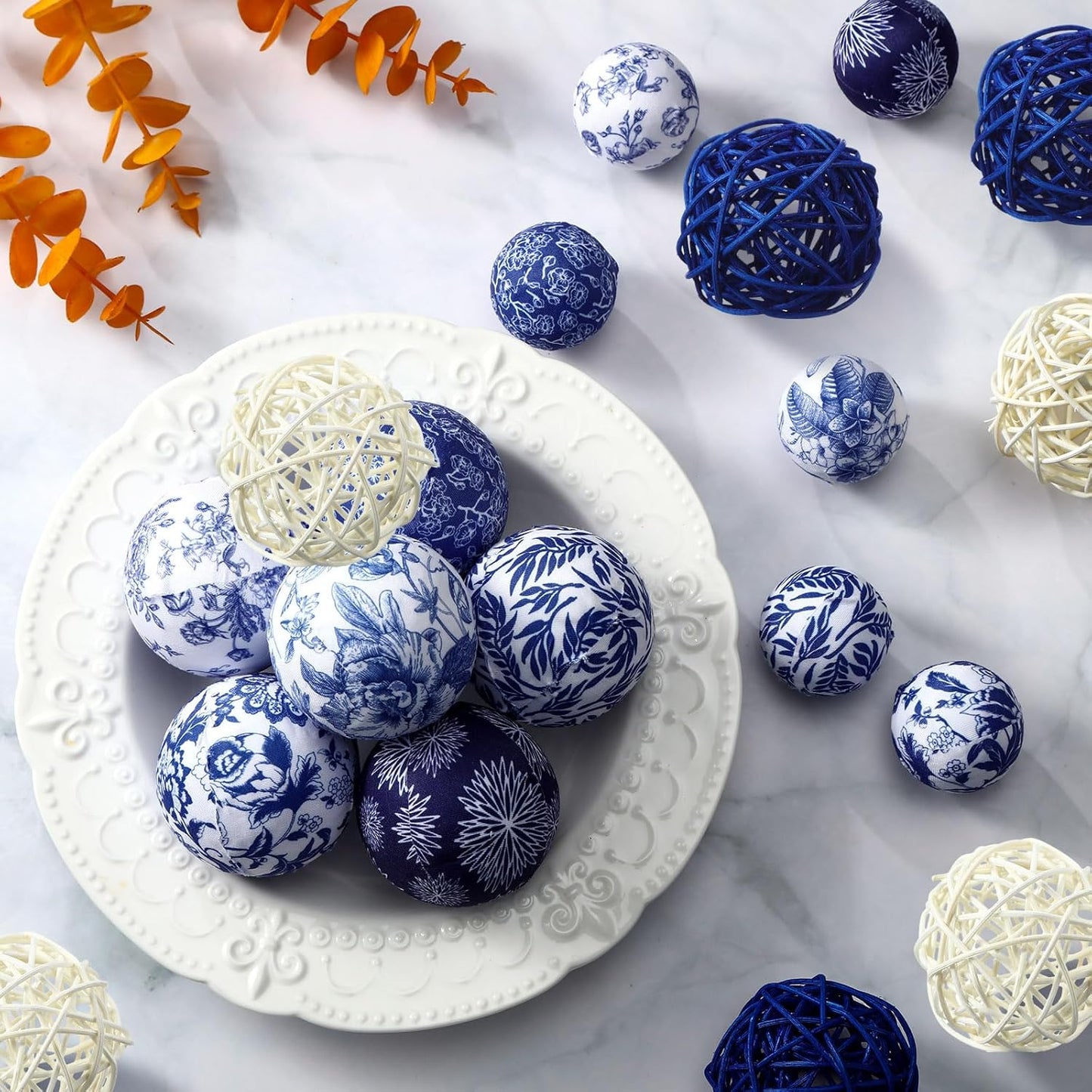 36 Pcs Blue and White Ornaments Chinoiserie Fabric Ball Decoration for Centerpiece Bowls 2. 4 Inch Wicker Rattan Balls 1. 57 Inch Decor Spheres Xmas Party Vases Home Table Decor(Classic)