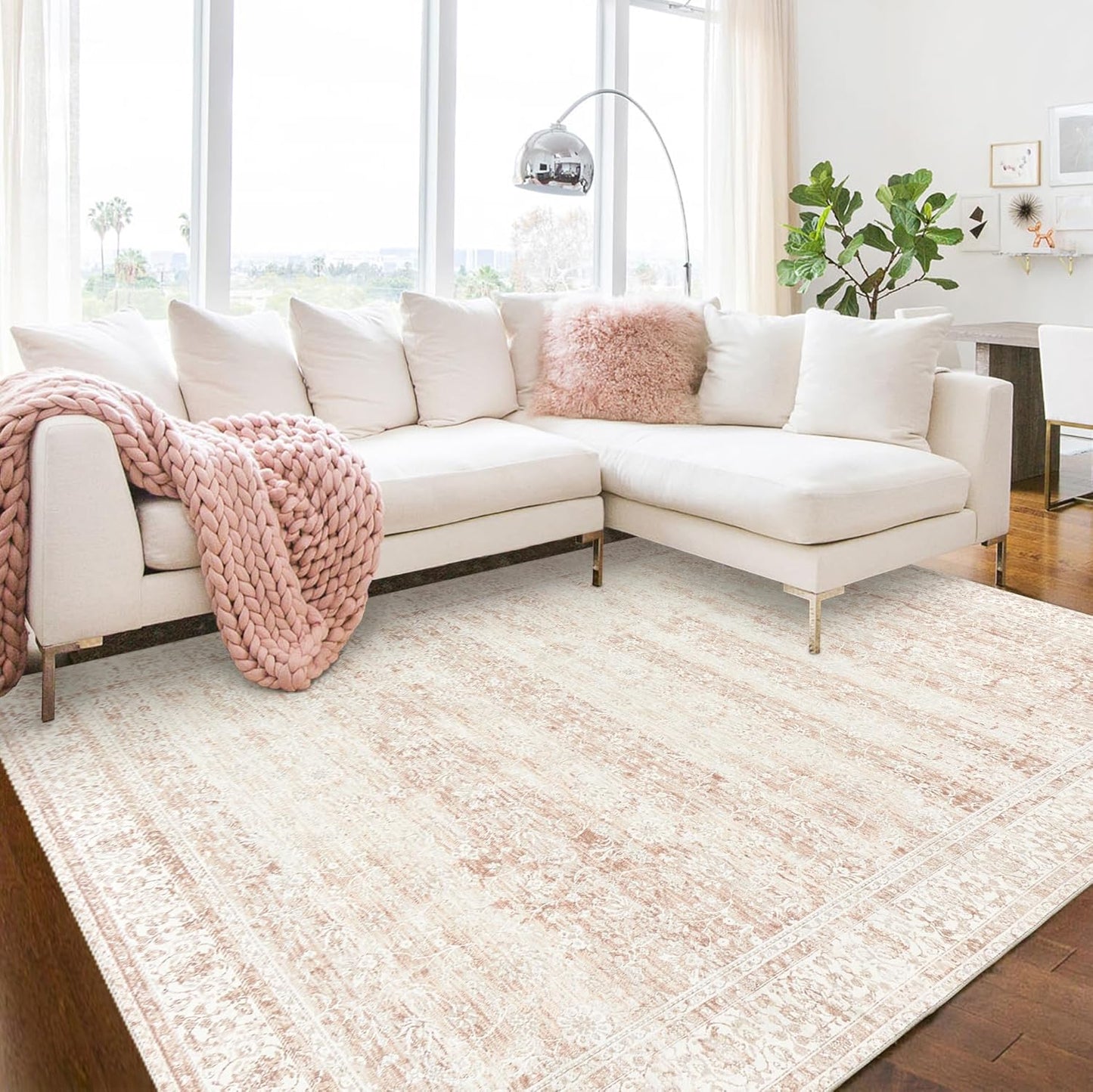 Pink Area Rug for Living Room Soft Washable Faux Wool Neutral Boho Floral Big Nursery Bed Bedroom Livingroom Carpet Size Extra Large Area Rugs 8x10