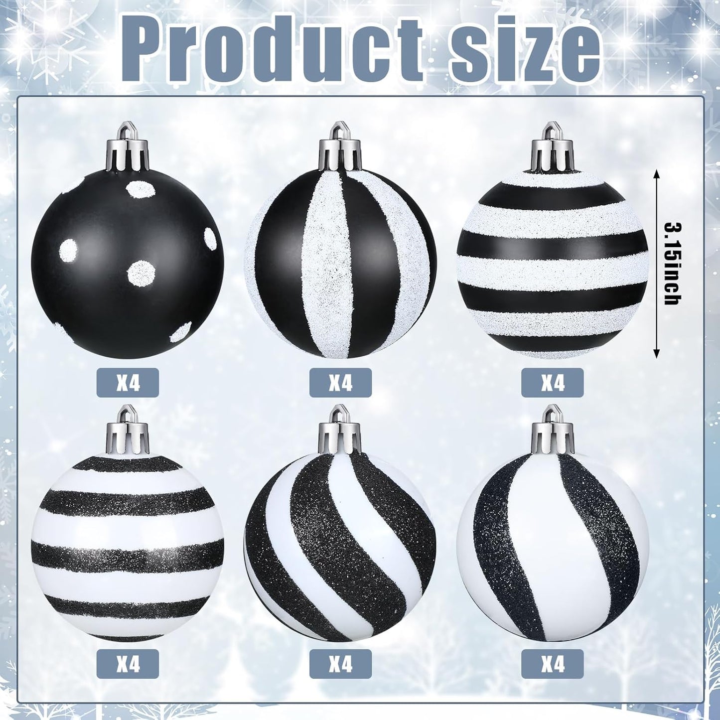 Riceshoot 24 Pcs Christmas Black and White Ball Ornaments Xmas Plastic Stripe Dot Hanging Ball for Christmas Tree Party Decoration Supplies(3.15 Inch)