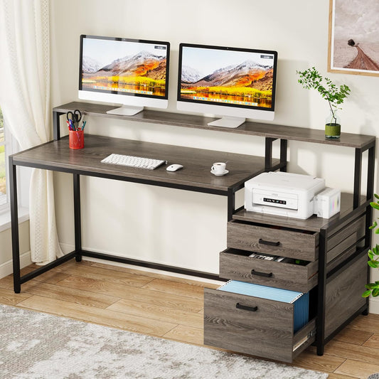 Tribesigns 63 Inch Computer Desk with File Drawer Cabinet, Ergonomic Office Desk with Monitor Stand, Industrial Computer Table with Printer Space, Wood PC Table Workstation Desk for Home Office