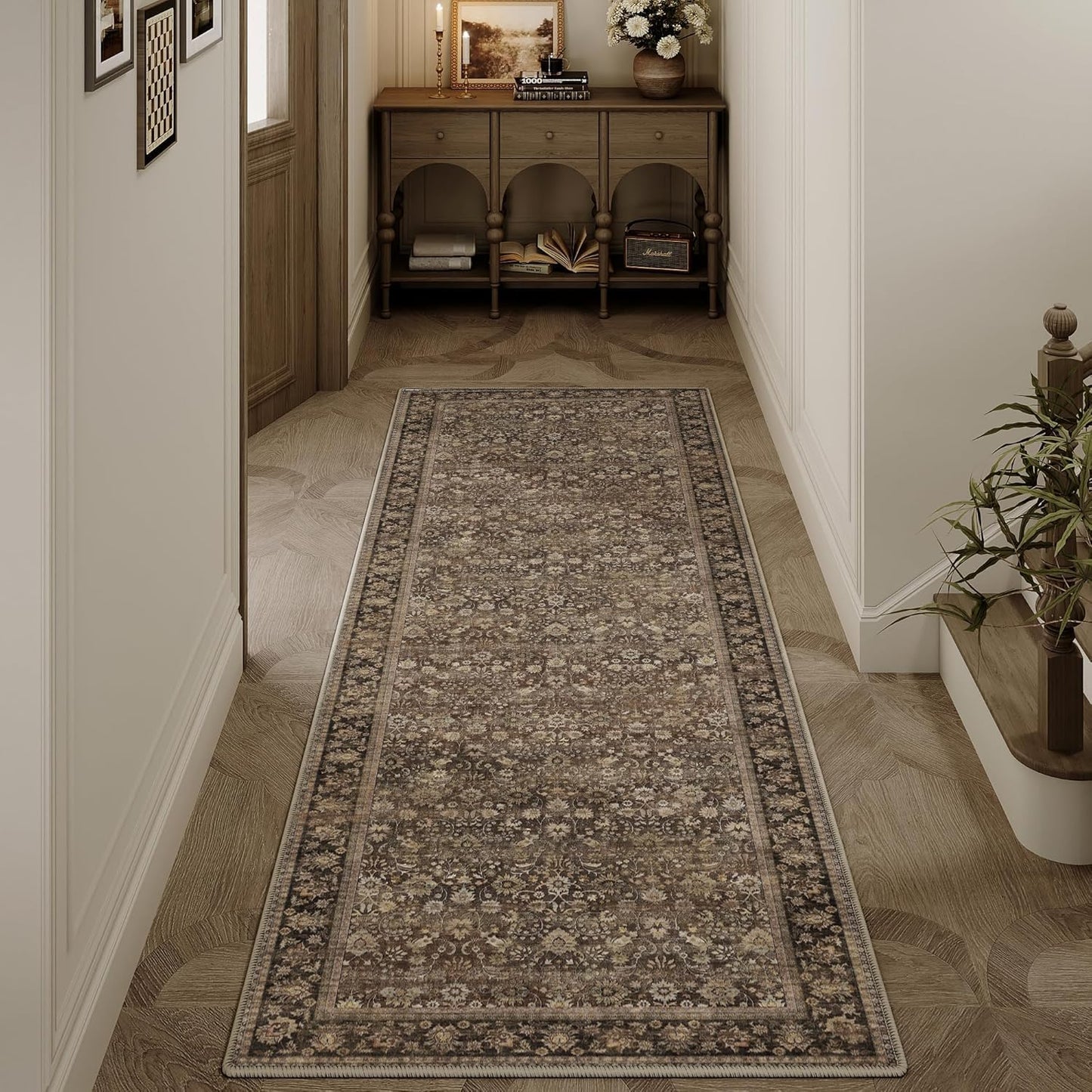 8x10 Machine Washable Rugs Brown Hallway Large Area Rug Indoor Accent Rug Floral Low Pile Carpet Soft Throw Aesthetic Rug Bedroom Living Room Office Dining Room Kitchen Laundry Room