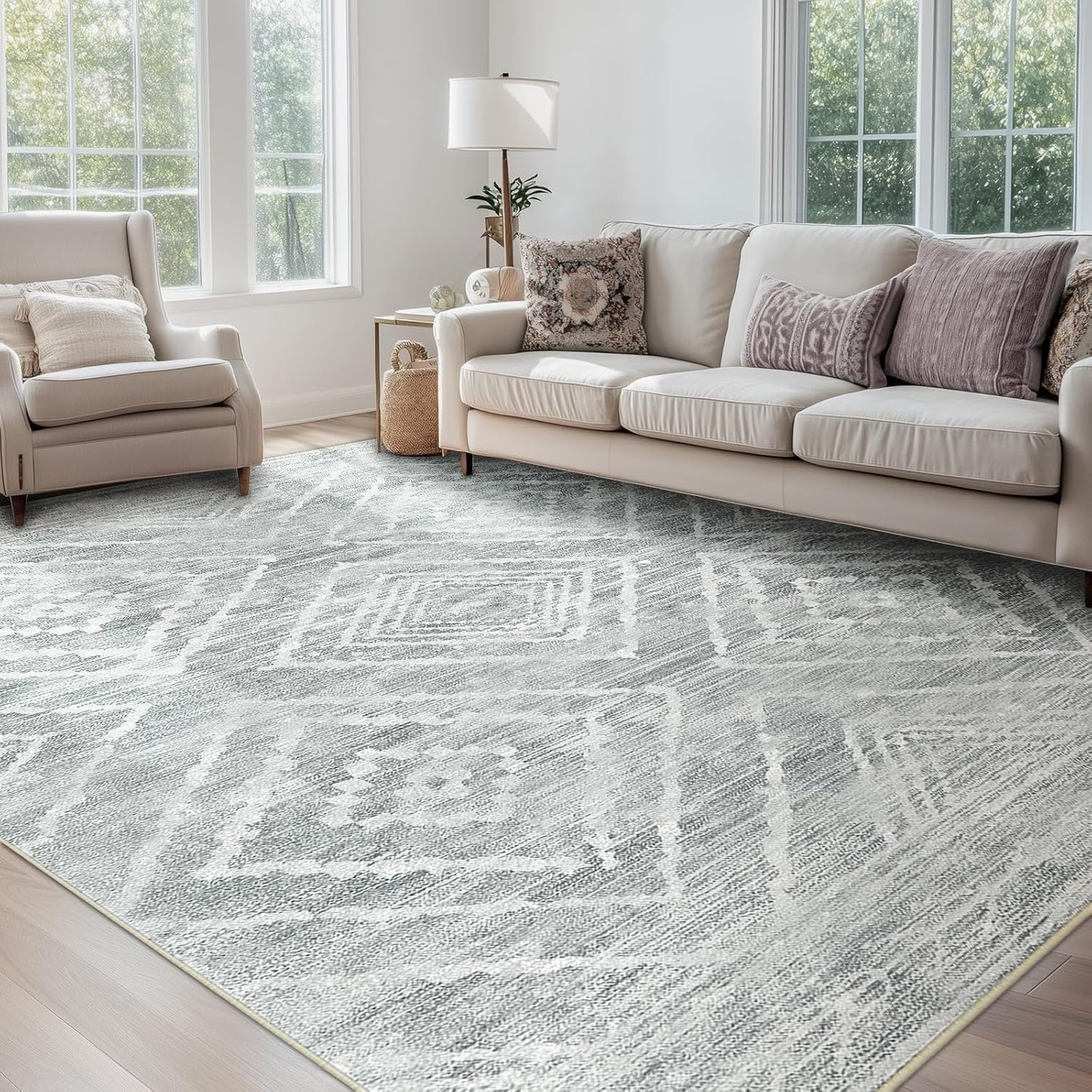 Area Rug 8x10 Rug Machine Washable Non-Slip Low Pile Print Pattern Western Rug for Living Room Bedroom Entryway Tribal Series -Cream/Camel