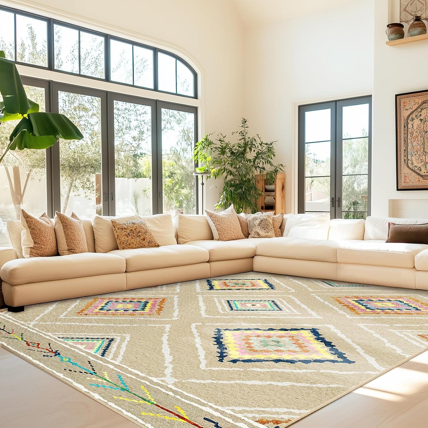 Area Rug 8x10 Rug Machine Washable Non-Slip Low Pile Print Pattern Western Rug for Living Room Bedroom Entryway Tribal Series -Cream/Camel
