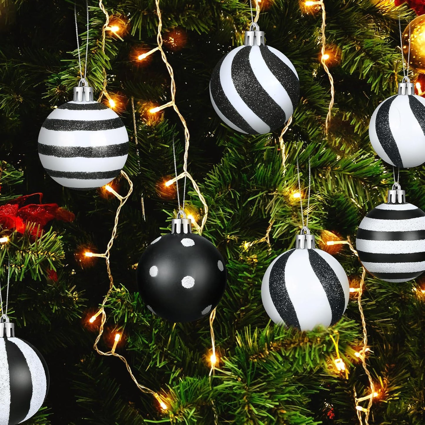 Riceshoot 24 Pcs Christmas Black and White Ball Ornaments Xmas Plastic Stripe Dot Hanging Ball for Christmas Tree Party Decoration Supplies(3.15 Inch)