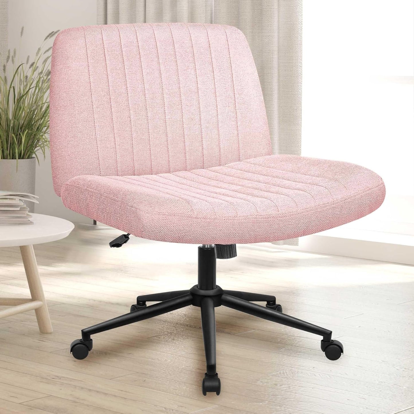 NEO CHAIR Criss Cross Wide Chair Comfy No Wheels Armless Cross Legged Swivel Office Vanity Desk Chair Adjustable Computer Task for Home Office Fabric (Ivory)