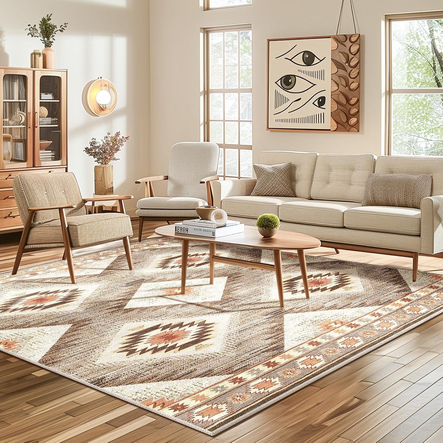 Area Rug 8x10 Rug Machine Washable Non-Slip Low Pile Print Pattern Western Rug for Living Room Bedroom Entryway Tribal Series -Cream/Camel