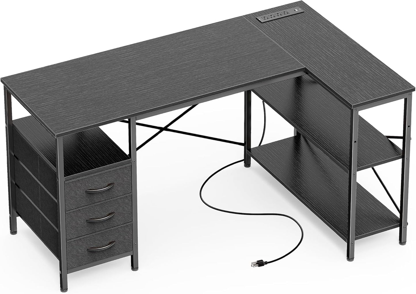 Huuger L Shaped Office Desk with Power Outlets, 47 Inch Computer Desk with 3 Drawers, Shelves, for Gaming, Corner Work, Home Office, Study, Rustic Brown