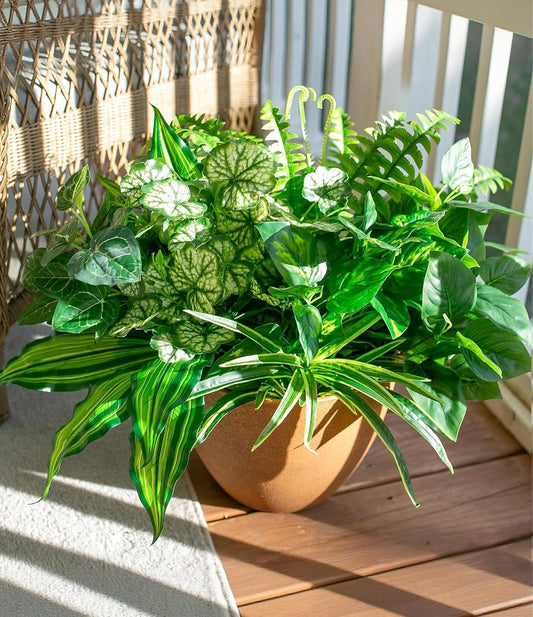 Artificial Greenery Plants Fake Plastic Leaves with Stems UV Resistant Large Bunches Outside Faux Plants Bushes for Outdoor Patio Garden Front Porch Yard Decor (Green)