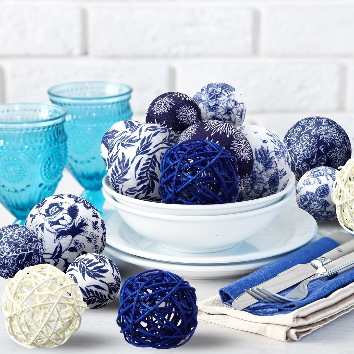 36 Pcs Blue and White Ornaments Chinoiserie Fabric Ball Decoration for Centerpiece Bowls 2. 4 Inch Wicker Rattan Balls 1. 57 Inch Decor Spheres Xmas Party Vases Home Table Decor(Classic)