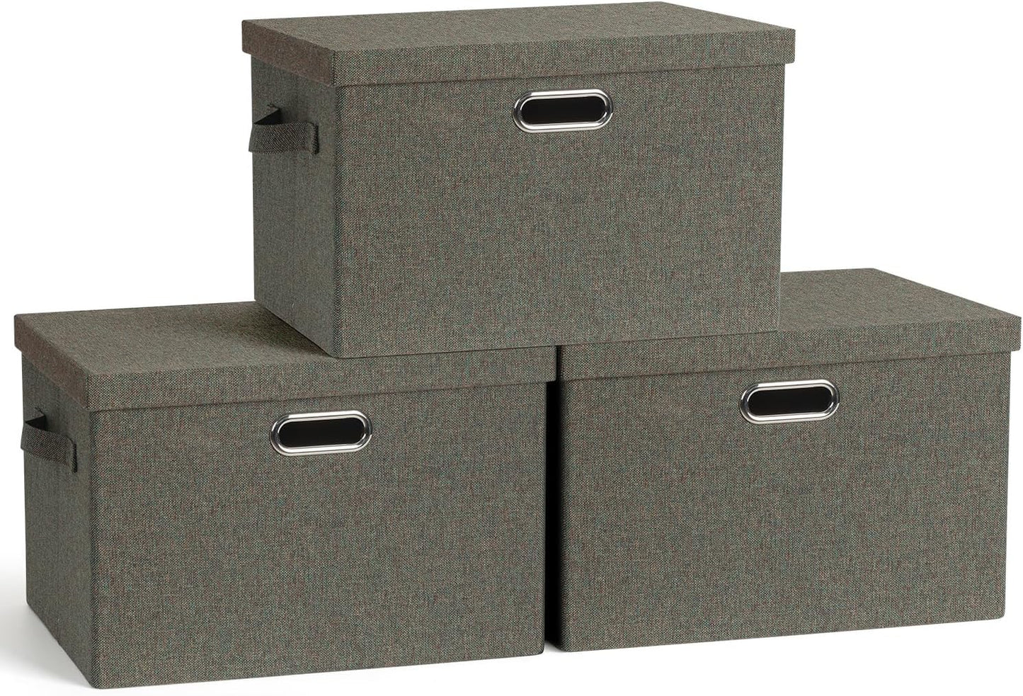 Large 17" 36 Quart Collapsible Stackable Storage Bins with Lids, 3 Packs Beige Linen Fabric Closet Boxes with Lids, Storage Cube Baskets Container Organizers for Bedroom Office(17 x12 x11)